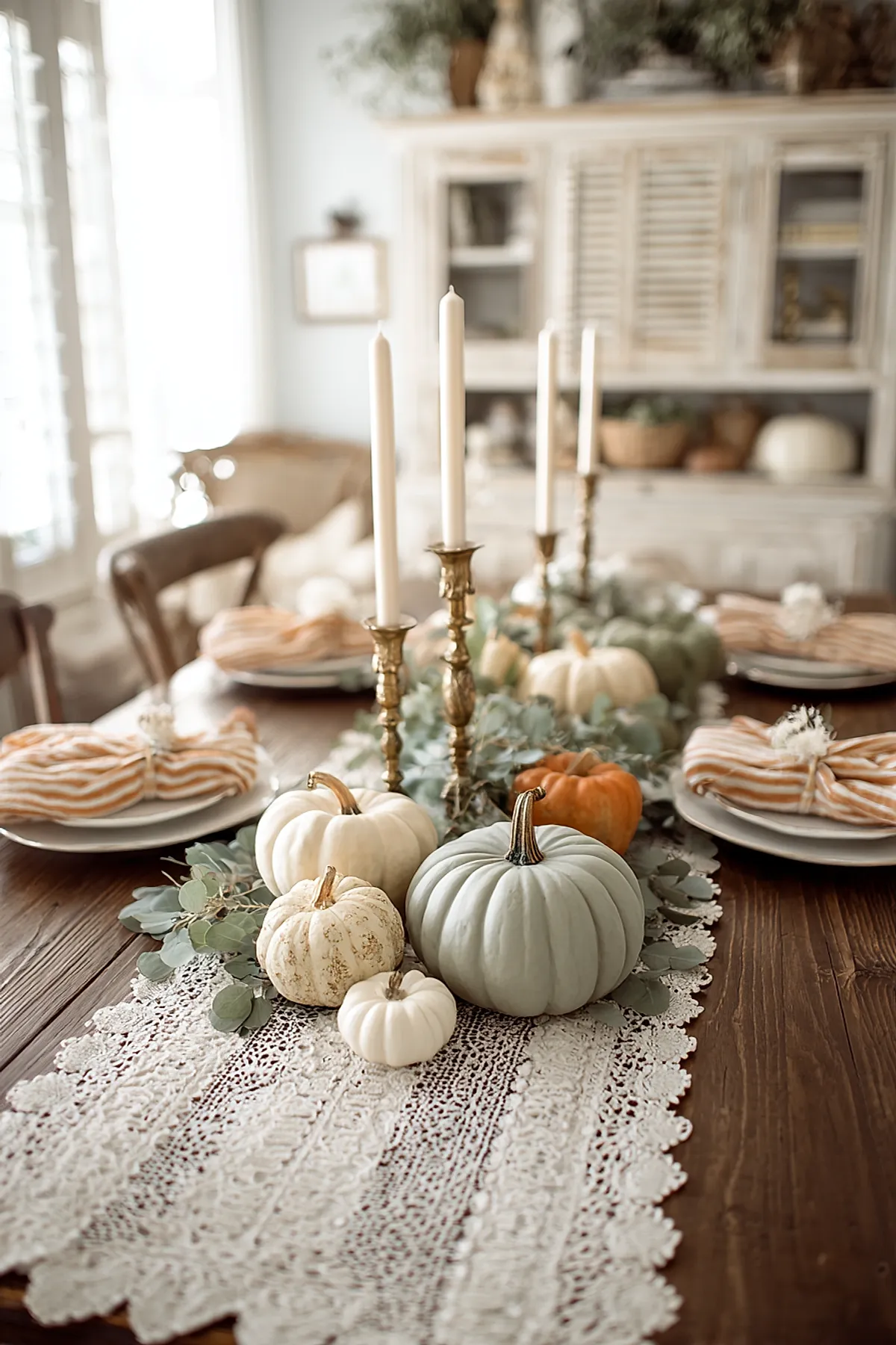 Fall dining table with a white lace runner featuring muted pale blue, white, cream, and orange pumpkins surrounded by eucalyptus leaves, accented with tall brass candlesticks holding white taper candles in a softly lit room.