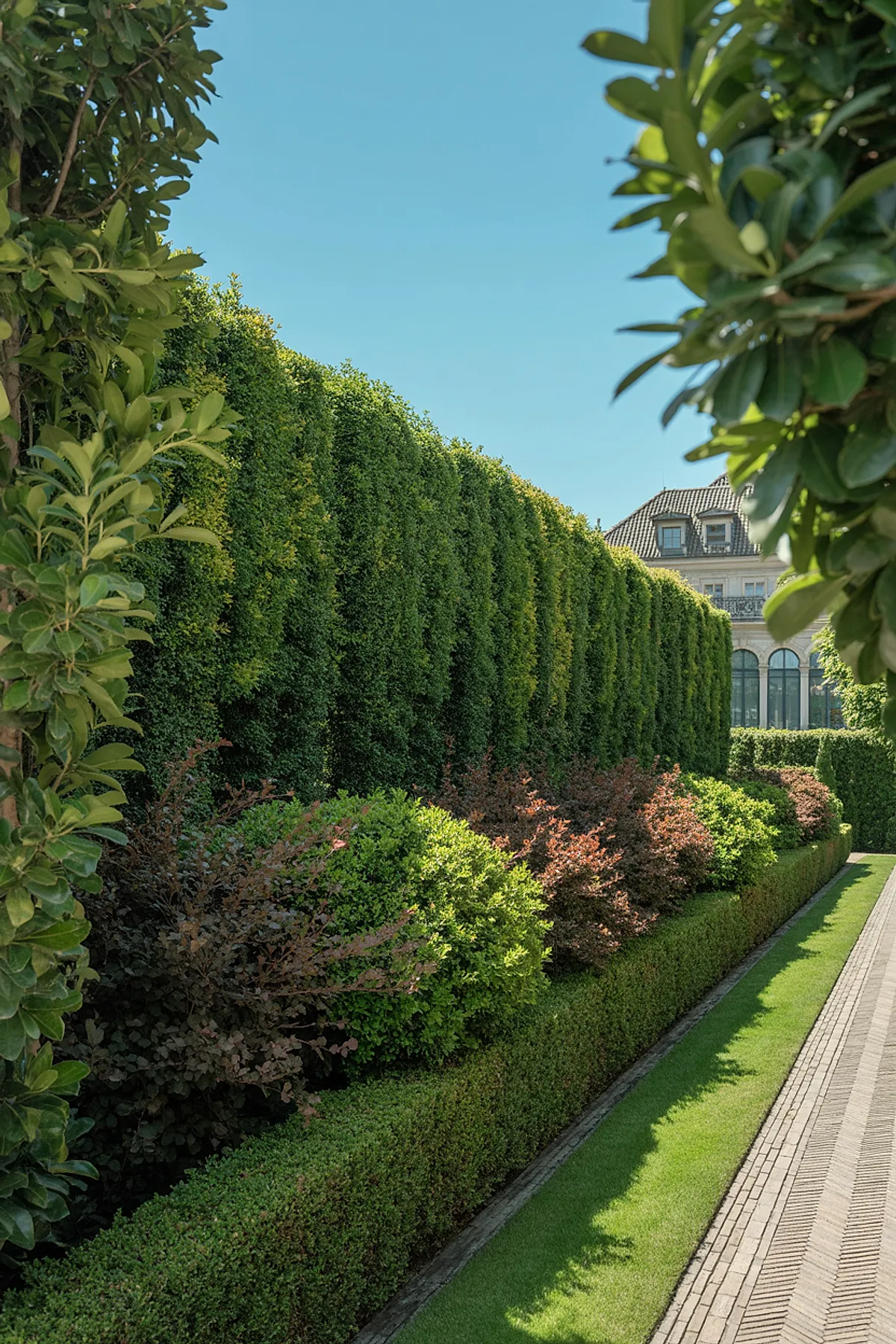 Tall dense evergreen hedges with layered landscaping featuring shrubs and a trimmed grass pathway.