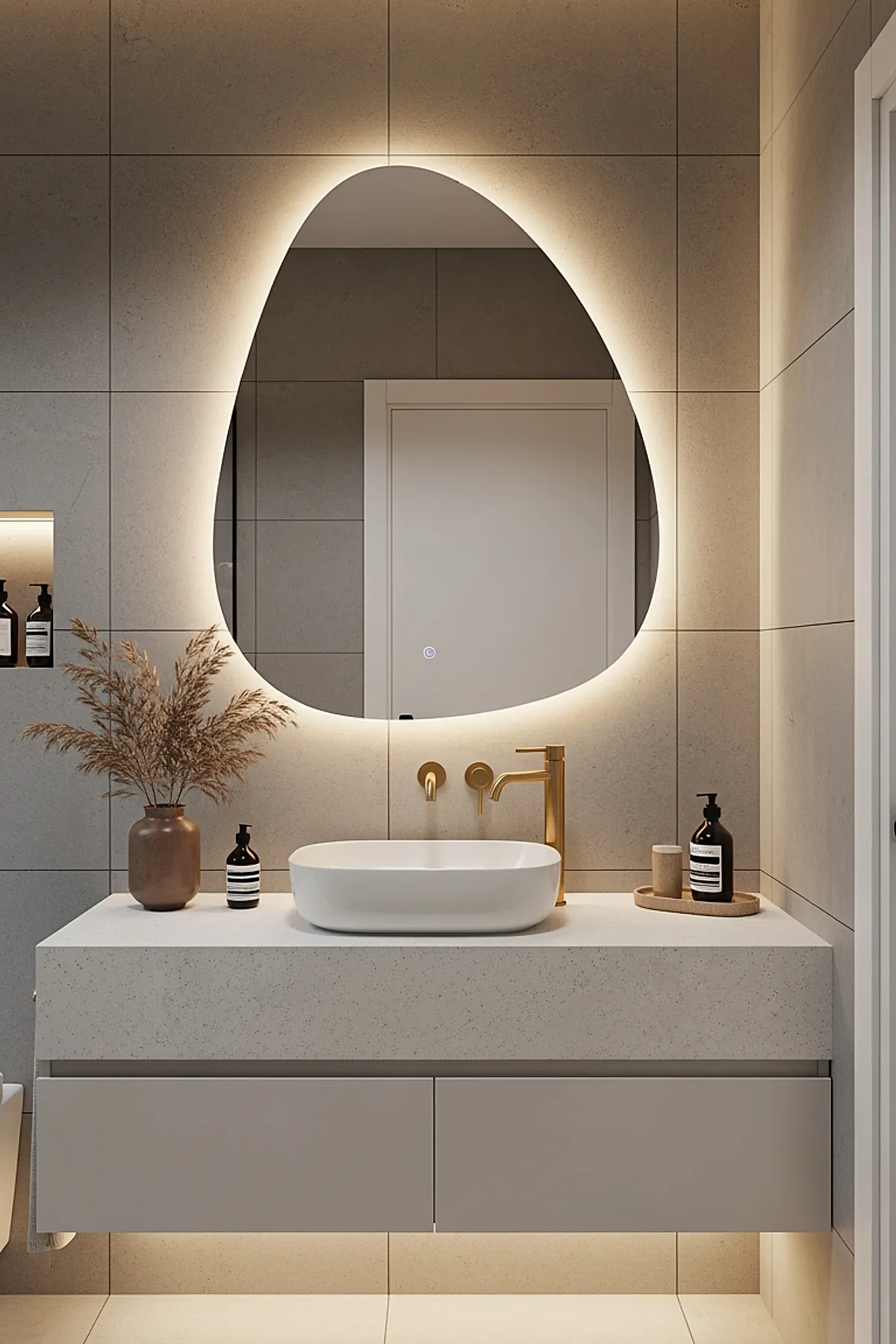 Modern small bathroom featuring an organically shaped backlit mirror with soft warm lighting above a white countertop with a gold faucet, beige tiled walls, and minimalist decor including a brown vase with dried plants and black soap dispensers.