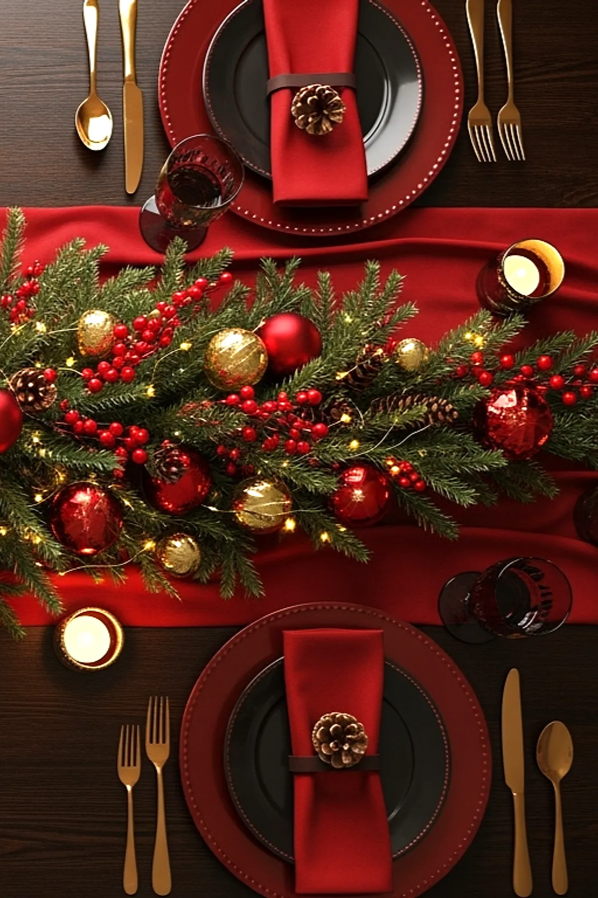 christmas dinner table settings featuring red plates with beaded edges layered under dark gray plates, red cloth napkins secured with brown leather rings and pinecone accents, gold flatware arranged neatly on a dark wood table, red wine glasses, a lush green centerpiece decorated with red berries, gold and red Christmas ornaments, string lights, and small candles.