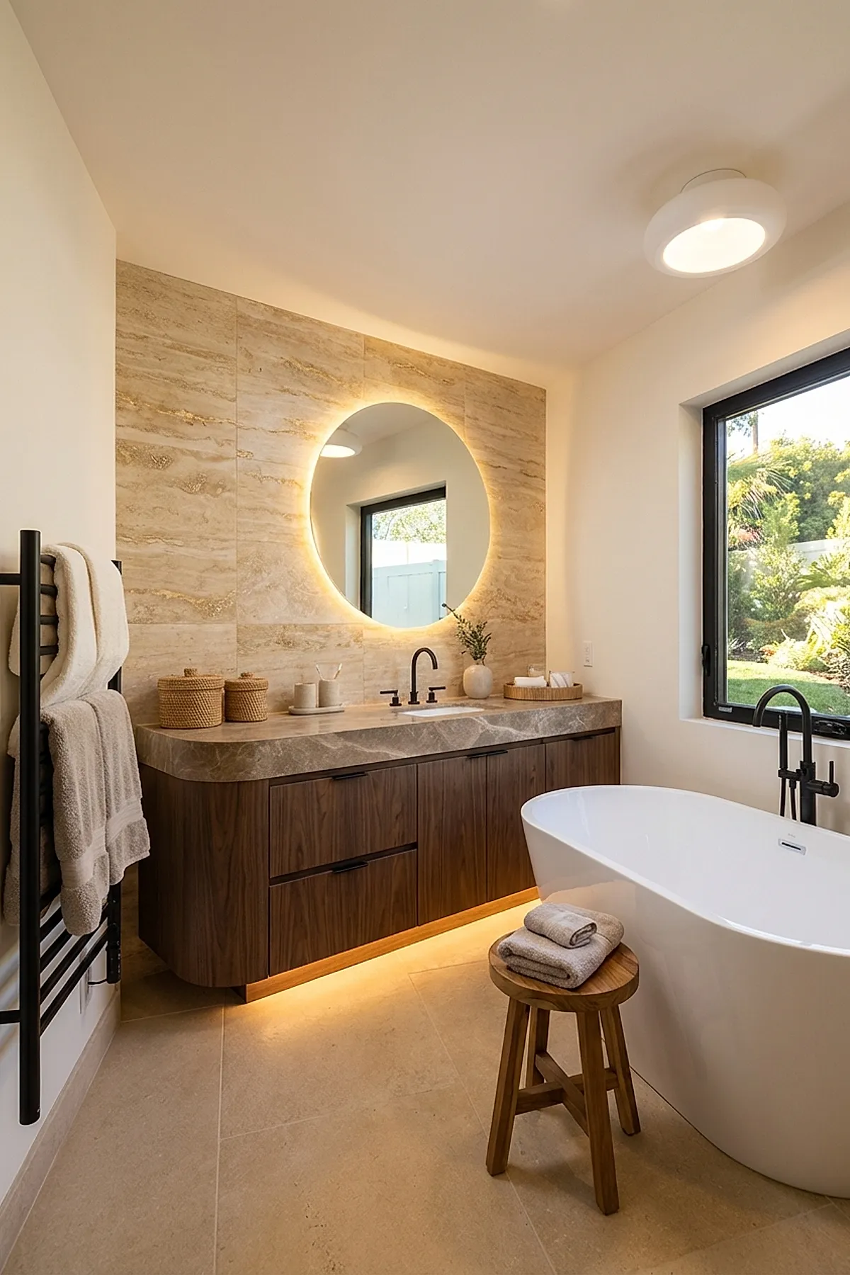 Warm neutral bathroom featuring a glowing round mirror with backlighting above a wooden vanity with stone countertop, beige tile backsplash, black faucet, freestanding white bathtub next to window, wooden stool with folded towels, and soft natural light filling the space.