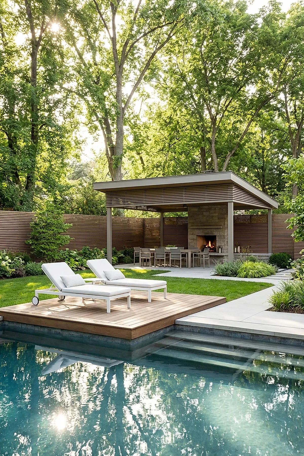 Modern backyard pool with a wooden floating pool deck featuring two white cushioned lounge chairs, adjacent to a concrete patio area with a dining table under a modern wooden pergola with horizontal slats and a stone fireplace, surrounded by lush green trees and manicured landscaping.