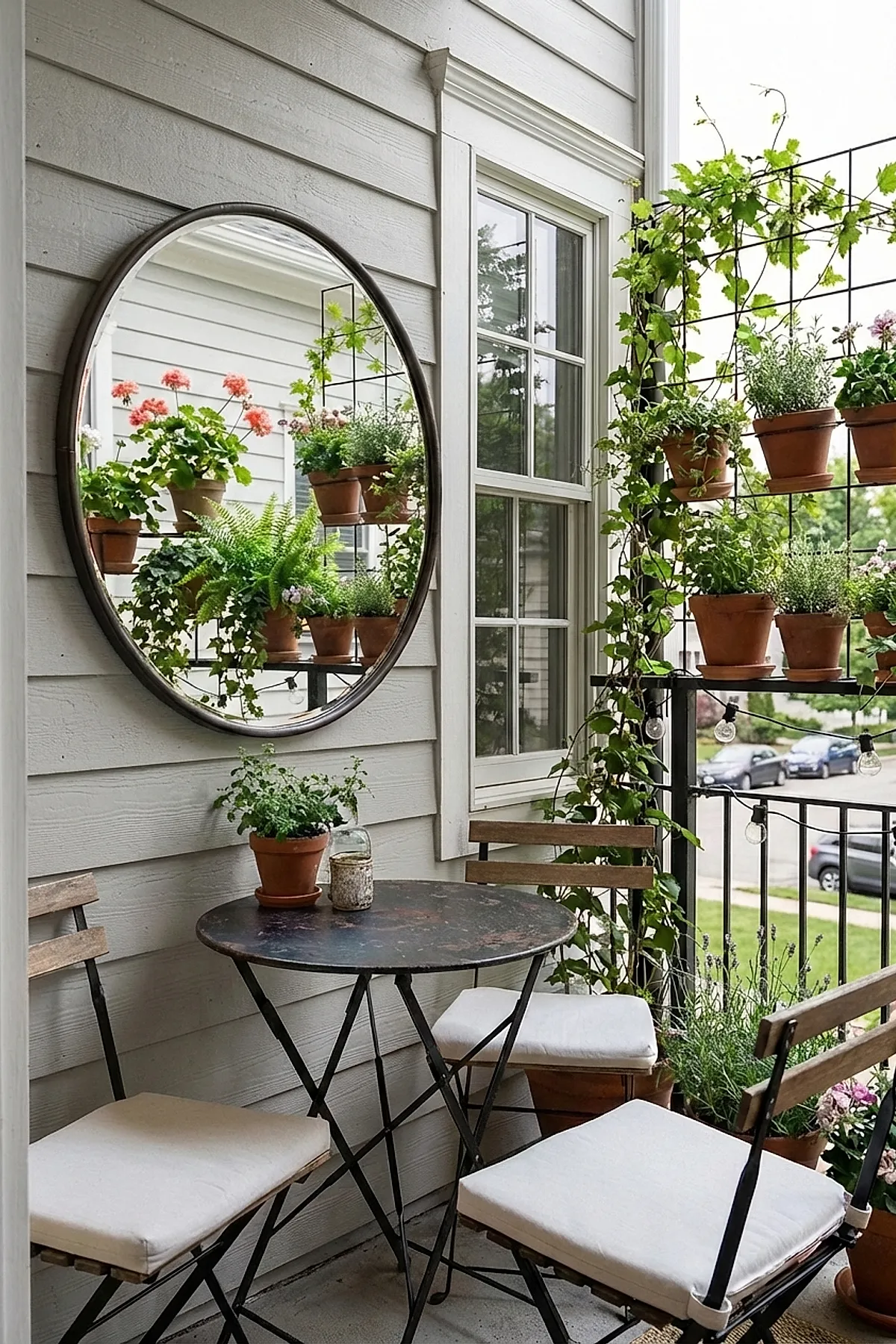 Small outdoor patio featuring a round metal-framed mirror reflecting potted plants, a black metal round table with rustic finish, two wooden chairs with white cushions, vertical trellis holding terracotta pots with trailing plants, and light gray siding walls.