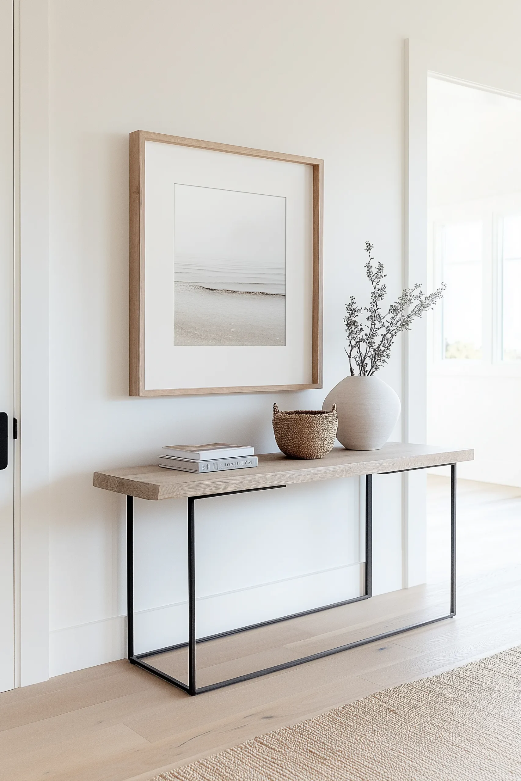 A minimalist interior space features a wooden console table with a sleek black metal frame as the focal point. On the table rests a framed monochromatic artwork of a serene beach scene, accompanied by a white vase holding a dried plant and a woven basket beside it. The table is placed against a white wall, with a beige rug underneath adding warmth to the setting. In the background, a doorway leads to another room, and natural light streams in through a nearby window.
