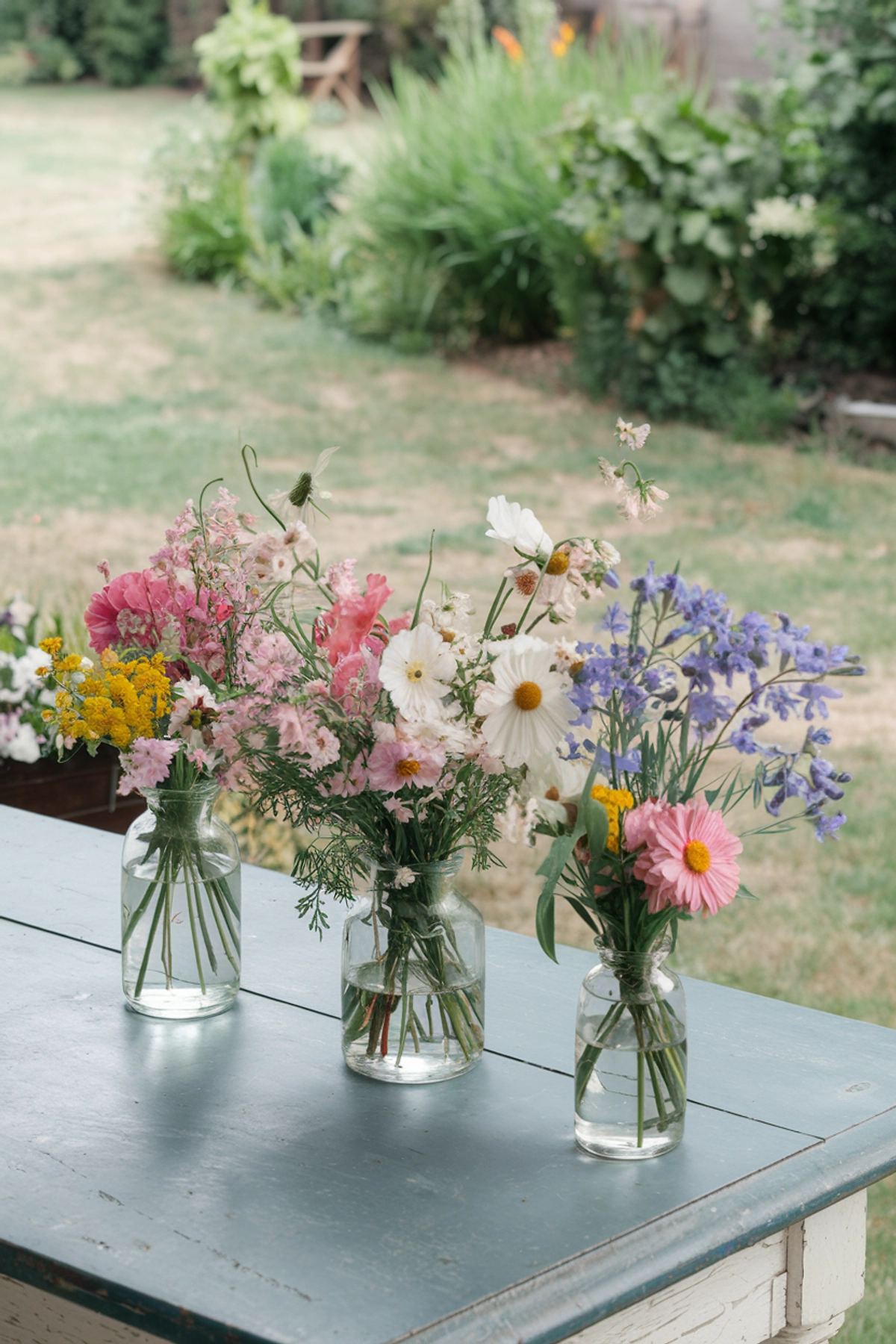 Three glass jars filled with freshly picked wildflower bouquets sit on a weathered blue-painted wooden table outdoors. The arrangements feature pink, white, yellow, and lavender blooms with a soft, natural, garden-picked look.