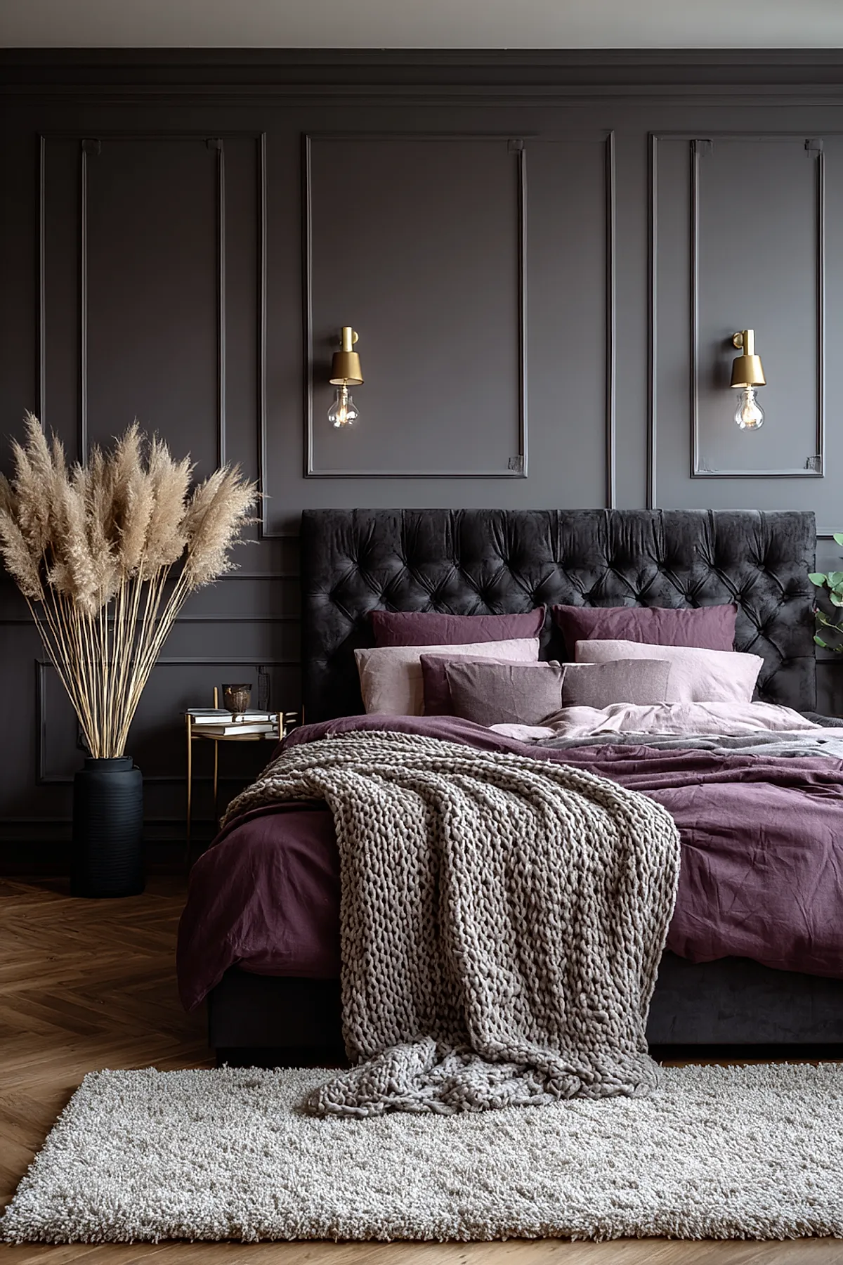 Dark feminine bedroom featuring dark gray paneled walls, a black tufted velvet headboard, plum and dusty pink bedding with multiple pillows, a thick beige knitted throw draped across the bed, gold wall sconces above the headboard, wooden parquet flooring, a black vase filled with dried pampas grass on the side, and a fluffy white rug.