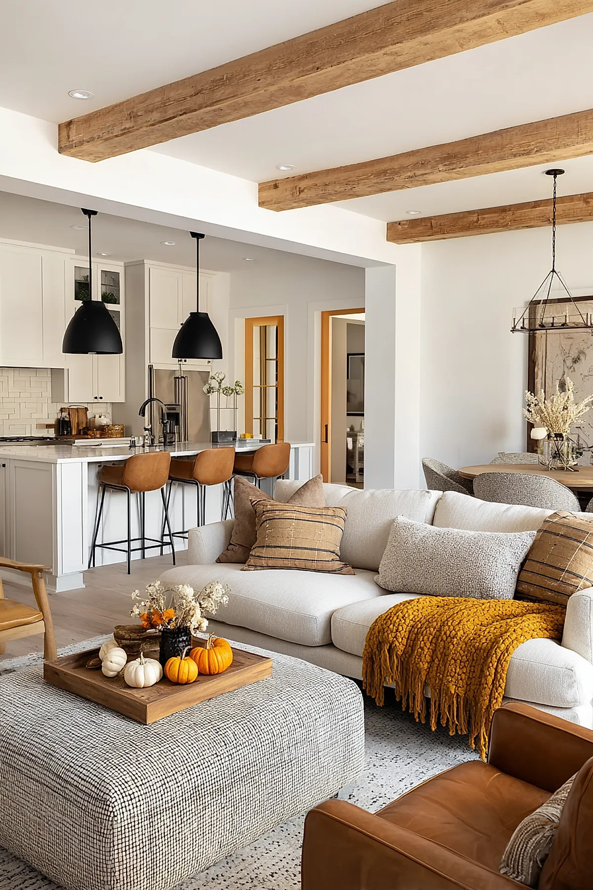 neutral-toned farmhouse living room featuring cream sofa with plaid and boucle pillows, mustard knit throw, patterned gray ottoman with wooden tray holding small orange and white pumpkins and dried flowers, leather armchair, exposed wood ceiling beams