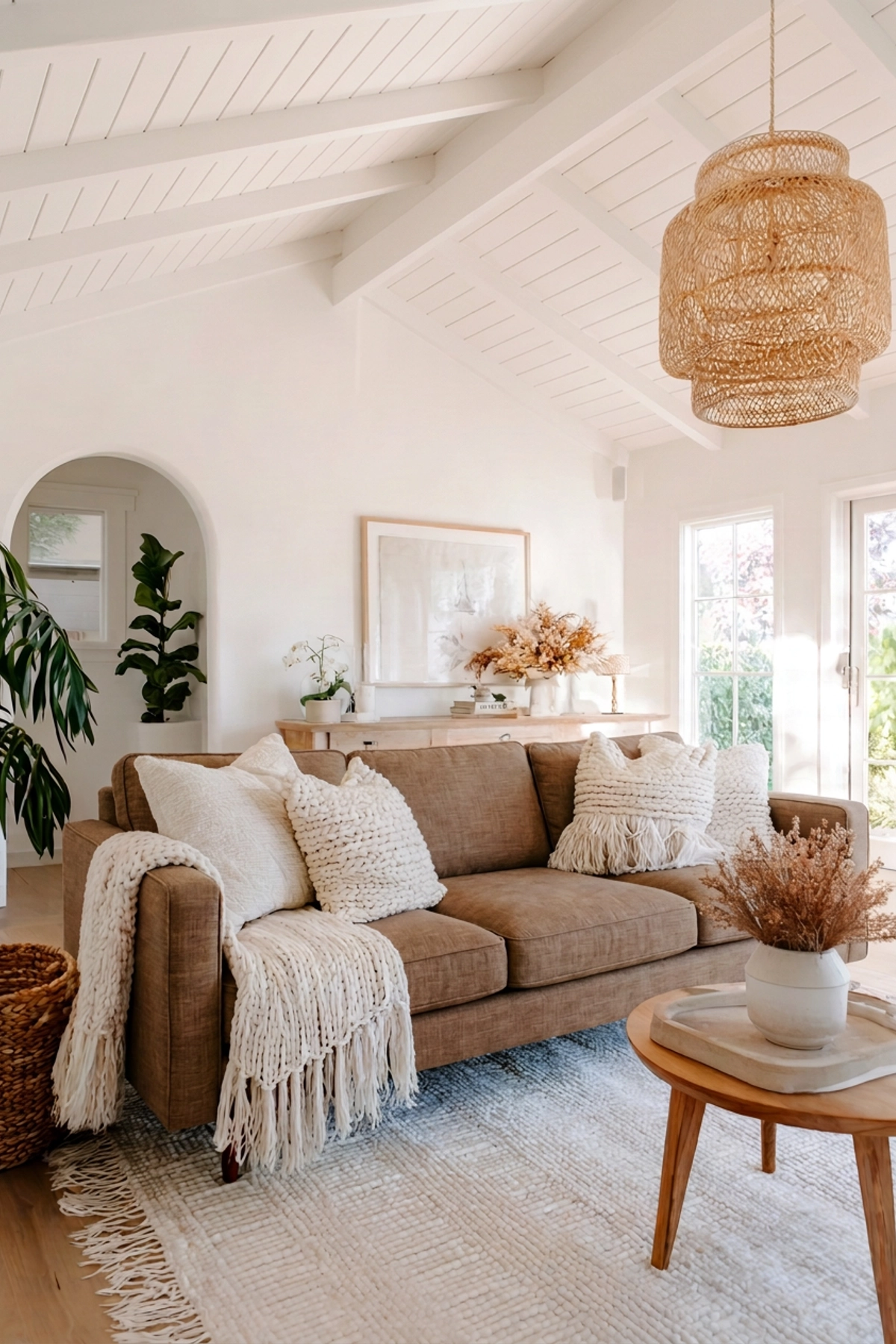Living room with a soft brown sofa adorned with cream chunky knit pillows and throw, set against white walls with vaulted ceiling and natural light coming through large windows.