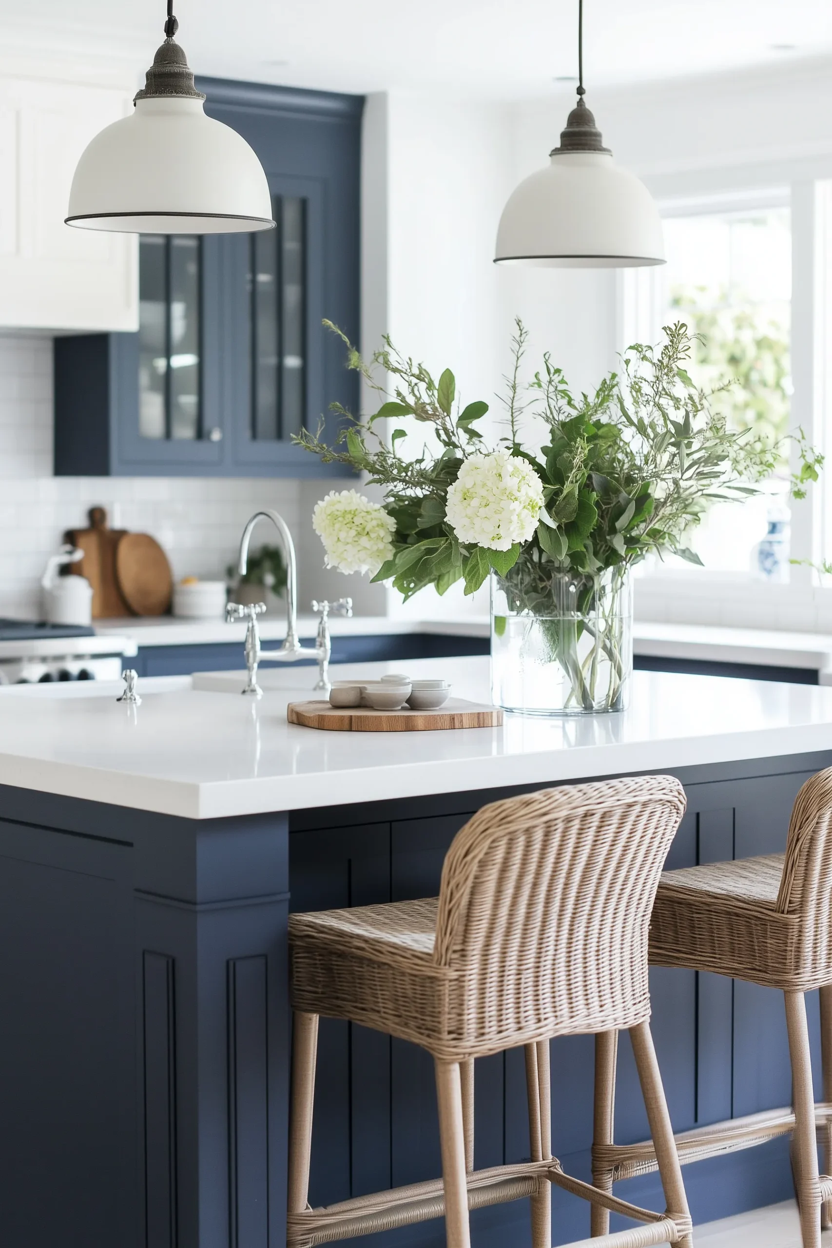 A modern kitchen featuring two white pendant lights above a bright white countertop. The countertop displays a clear glass vase filled with green foliage and white flowers, along with a wooden cutting board and utensils nearby. Deep blue cabinets contrast nicely with the white walls, while two wicker bar stools with wooden legs provide inviting seating. Natural light floods the room from a nearby window, enhancing the fresh ambiance.