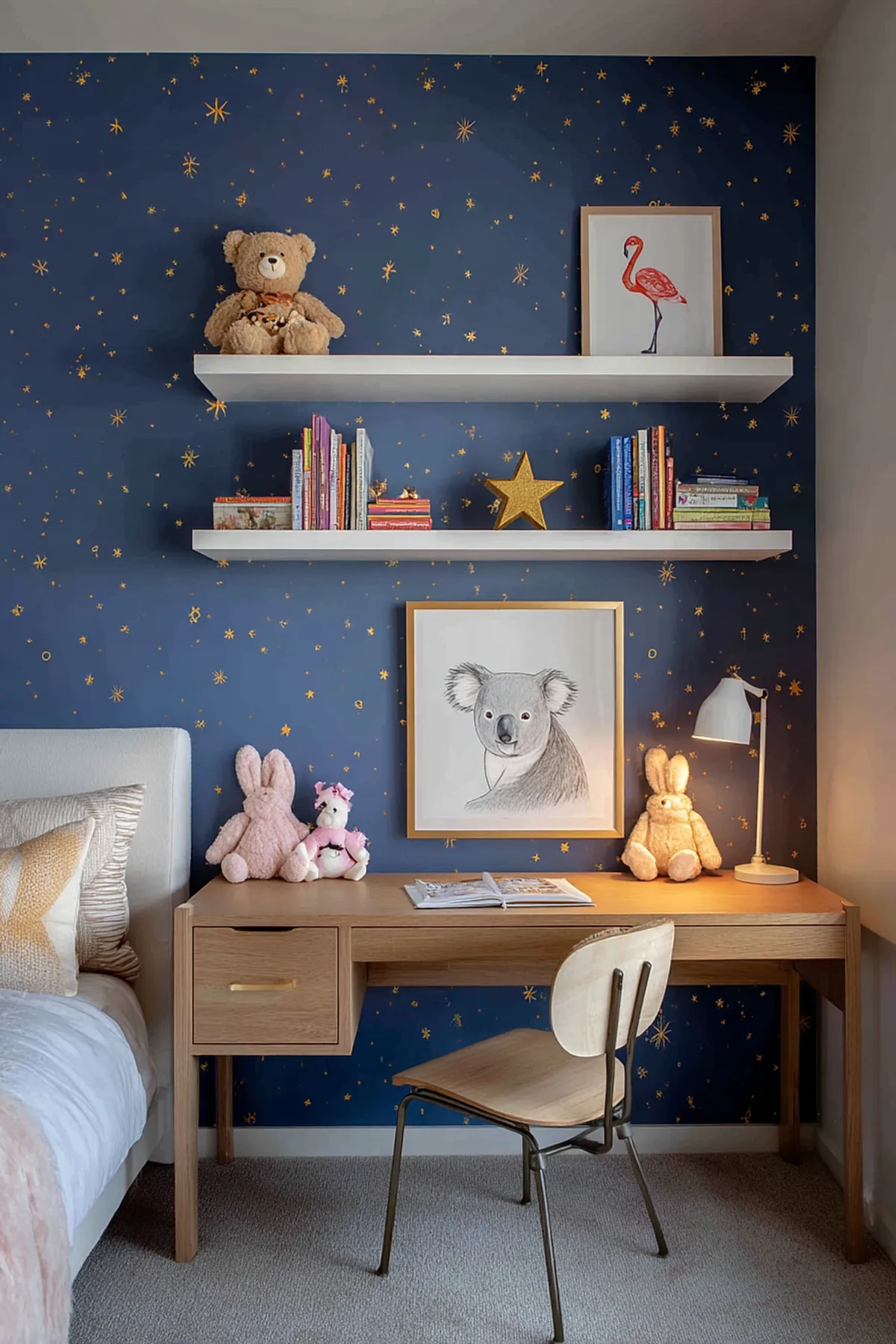 Kids desk area in bedroom featuring a light wood desk with a single drawer, cream-colored chair with metal legs, navy blue wall decorated with gold star decals, two white floating shelves holding books and toys including a teddy bear and a framed flamingo print, plus framed koala artwork on the wall above the desk.