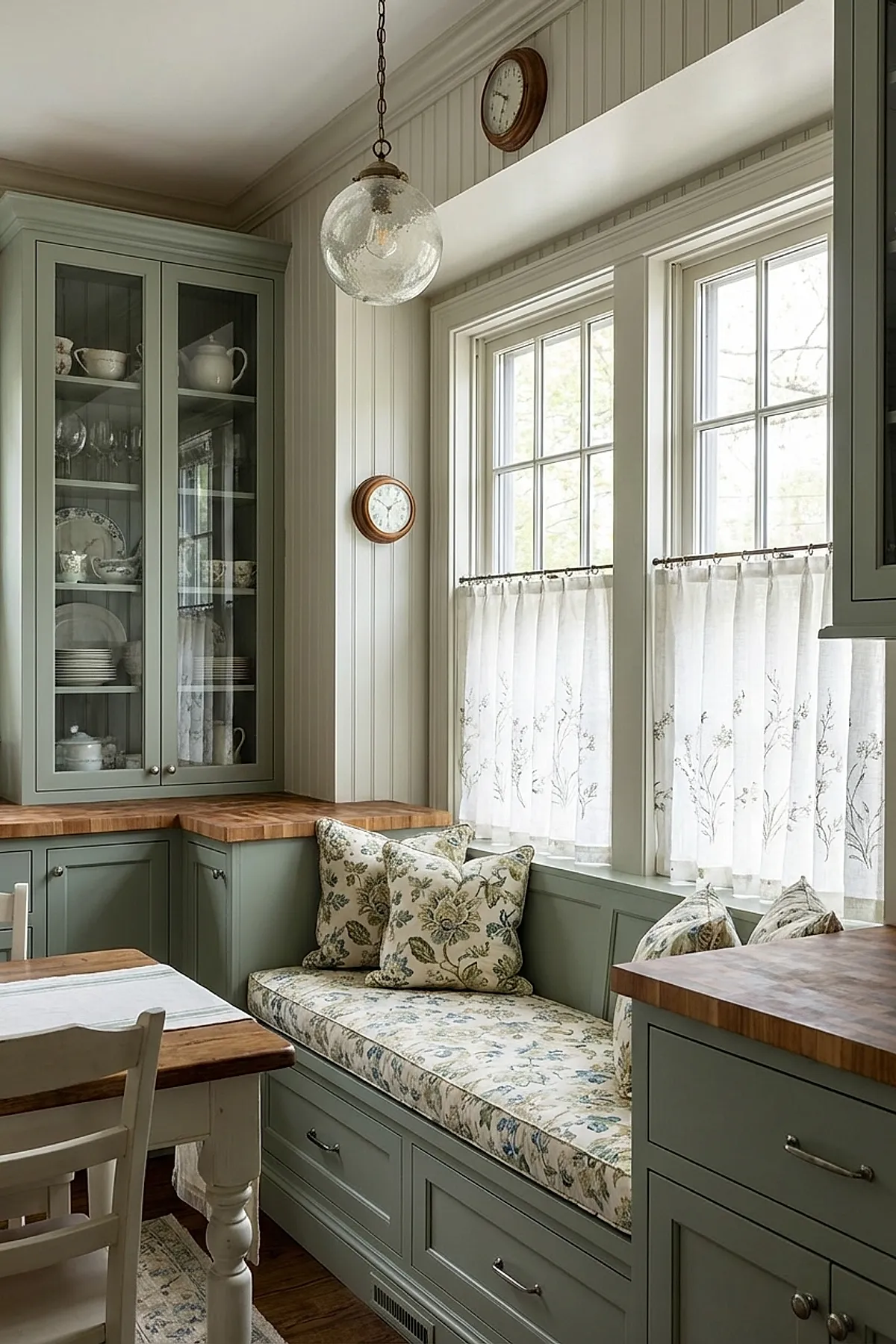 Vintage cottage kitchen featuring soft green cabinetry with wooden butcher block countertops, a cozy built-in window seat with floral patterned cushions and pillows, white beadboard walls, two large sash windows with sheer embroidered curtains, and a glass globe pendant light hanging from the ceiling.