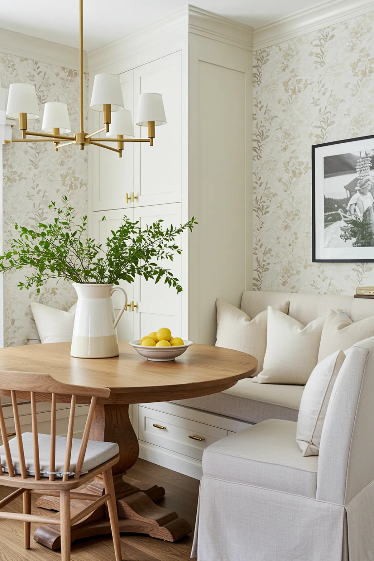 A bright dining nook featuring a wooden table, green foliage, and soft seating.