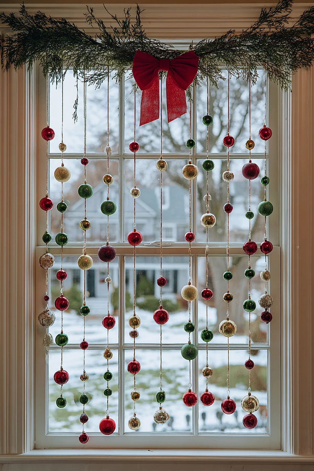 christmas window decorations featuring strings of red, green, gold, and silver Christmas ornaments hanging vertically from a lush greenery garland topped with a large red bow over a white-framed window with a snowy outdoor view.