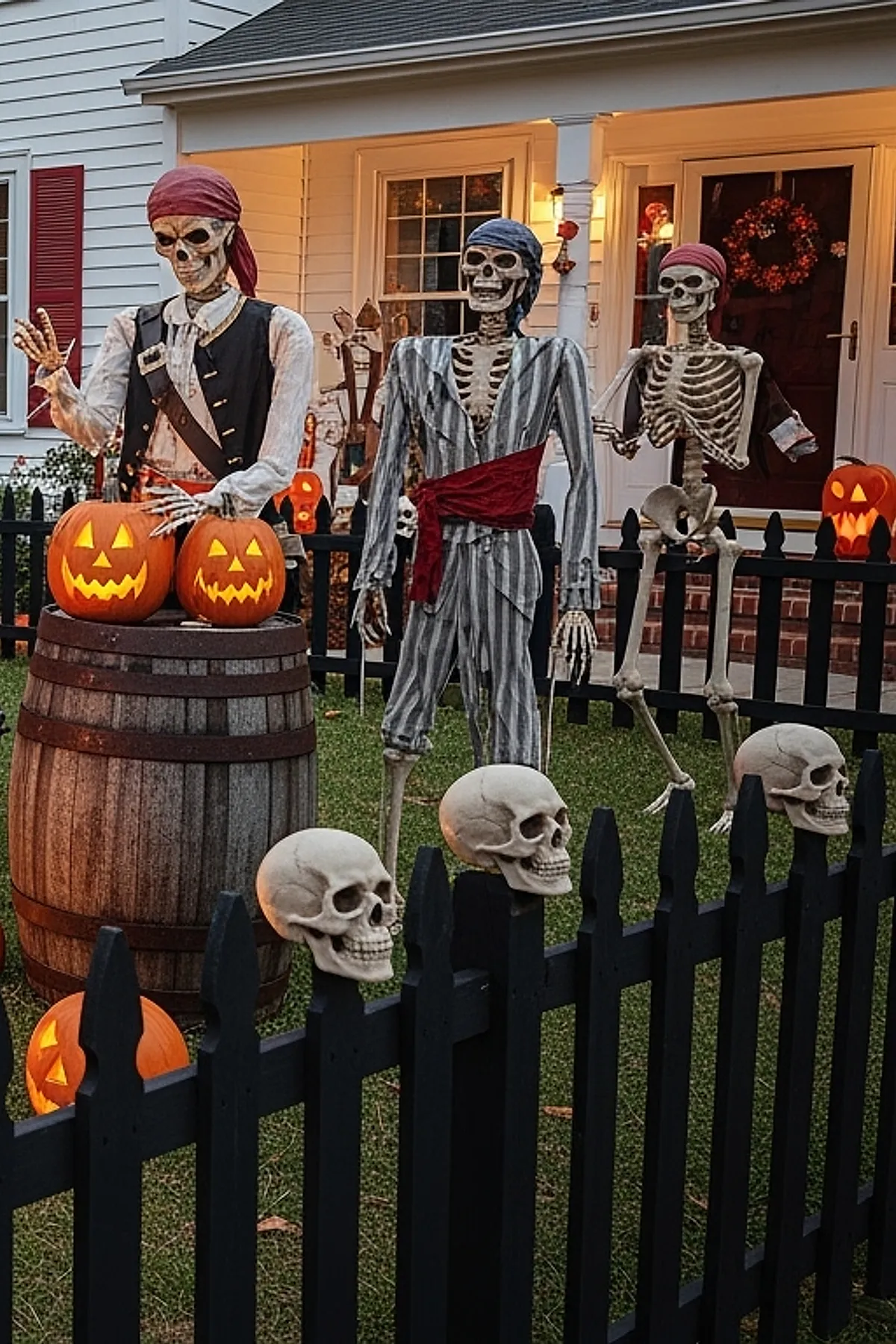Three pirate skeleton figures dressed in striped and dark clothing standing behind black picket fence topped with skull decorations, two carved glowing pumpkins on wooden barrel in front of white house porch.