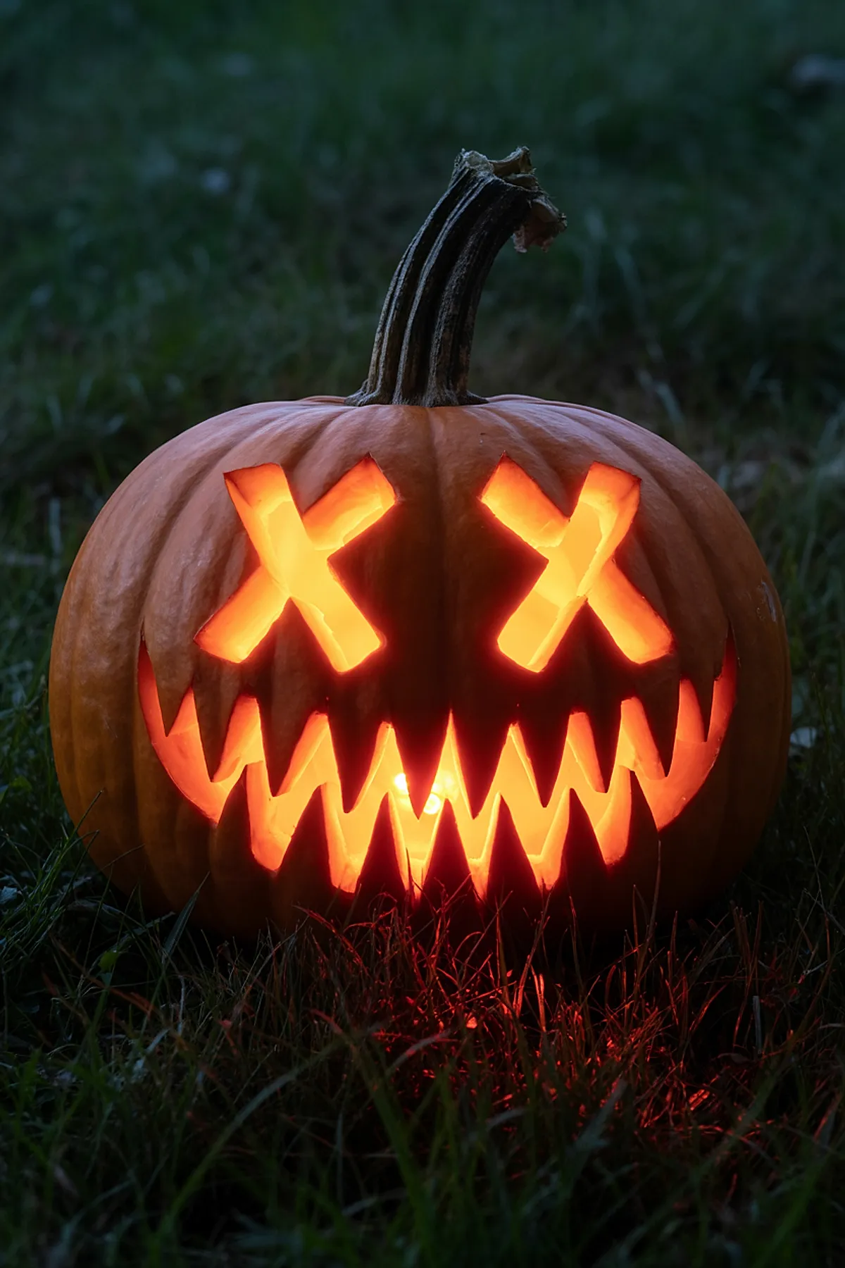 Orange pumpkin carved with glowing crossed-out X shapes for eyes and large jagged zigzag mouth, sitting on grass with light glowing from inside.