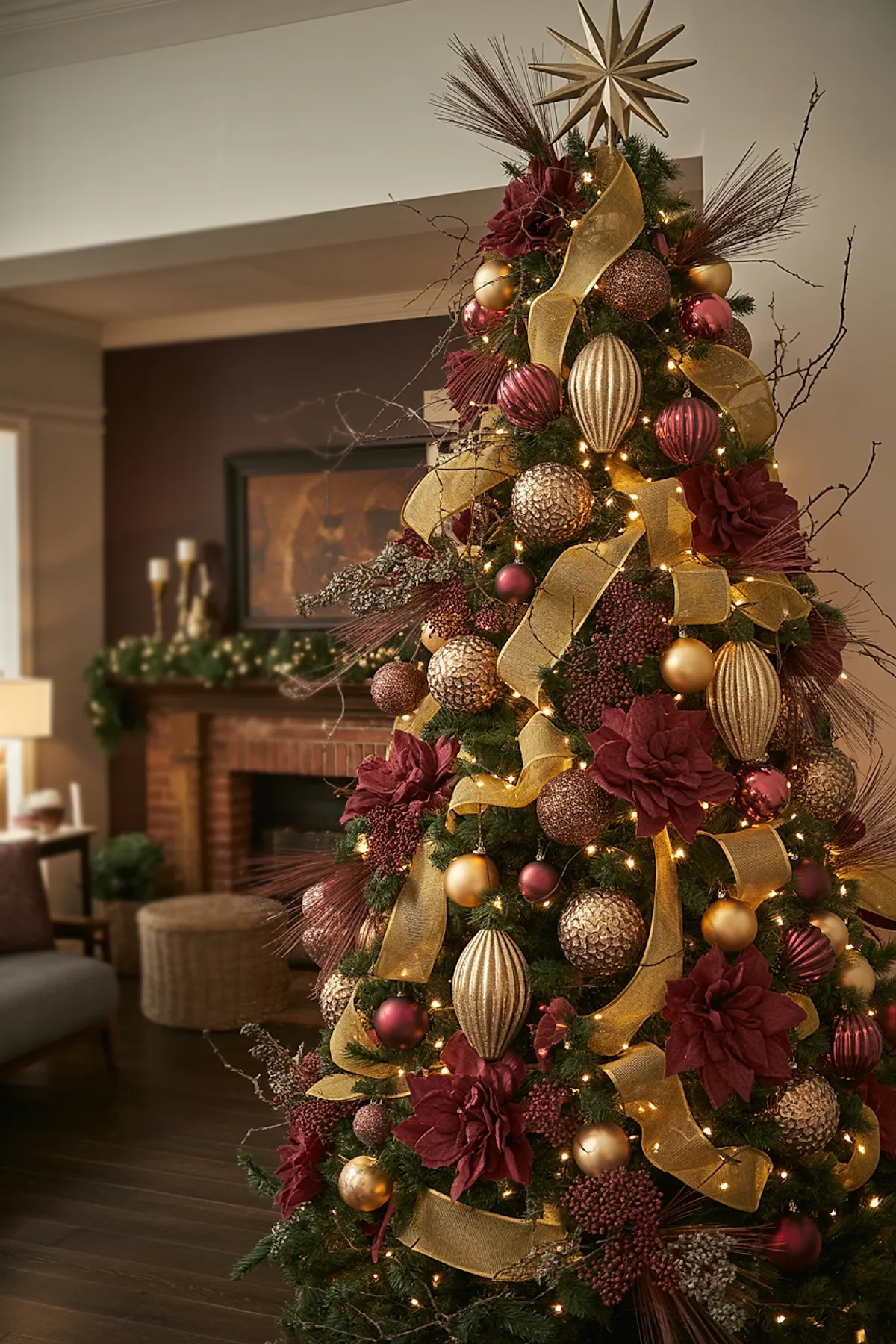 Christmas tree decorated with large deep red fabric flowers, gold sheer ribbons, various textured red and gold ornaments, twigs, and warm white lights in a cozy living room near a brick fireplace