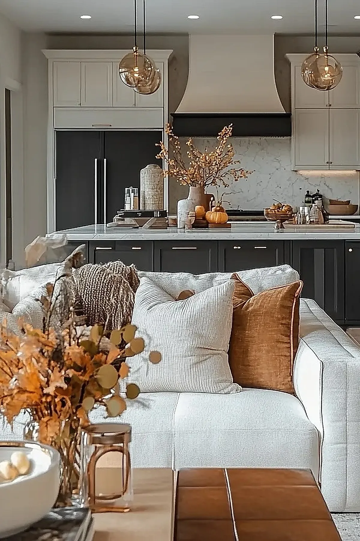 Light gray sofa with large neutral and burnt orange velvet pillows in front of kitchen island decorated with vases of dried flowers, small pumpkins, and amber-toned pendant lights hanging overhead.