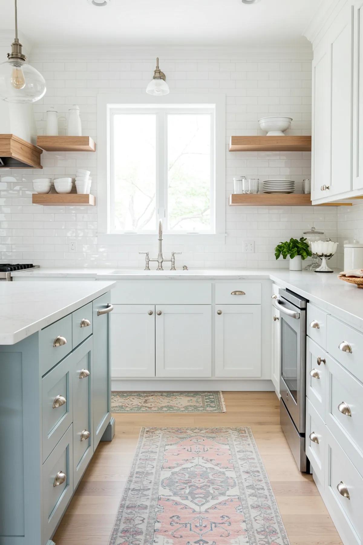 Modern farmhouse kitchen with pastel blue cabinets and vintage rug.