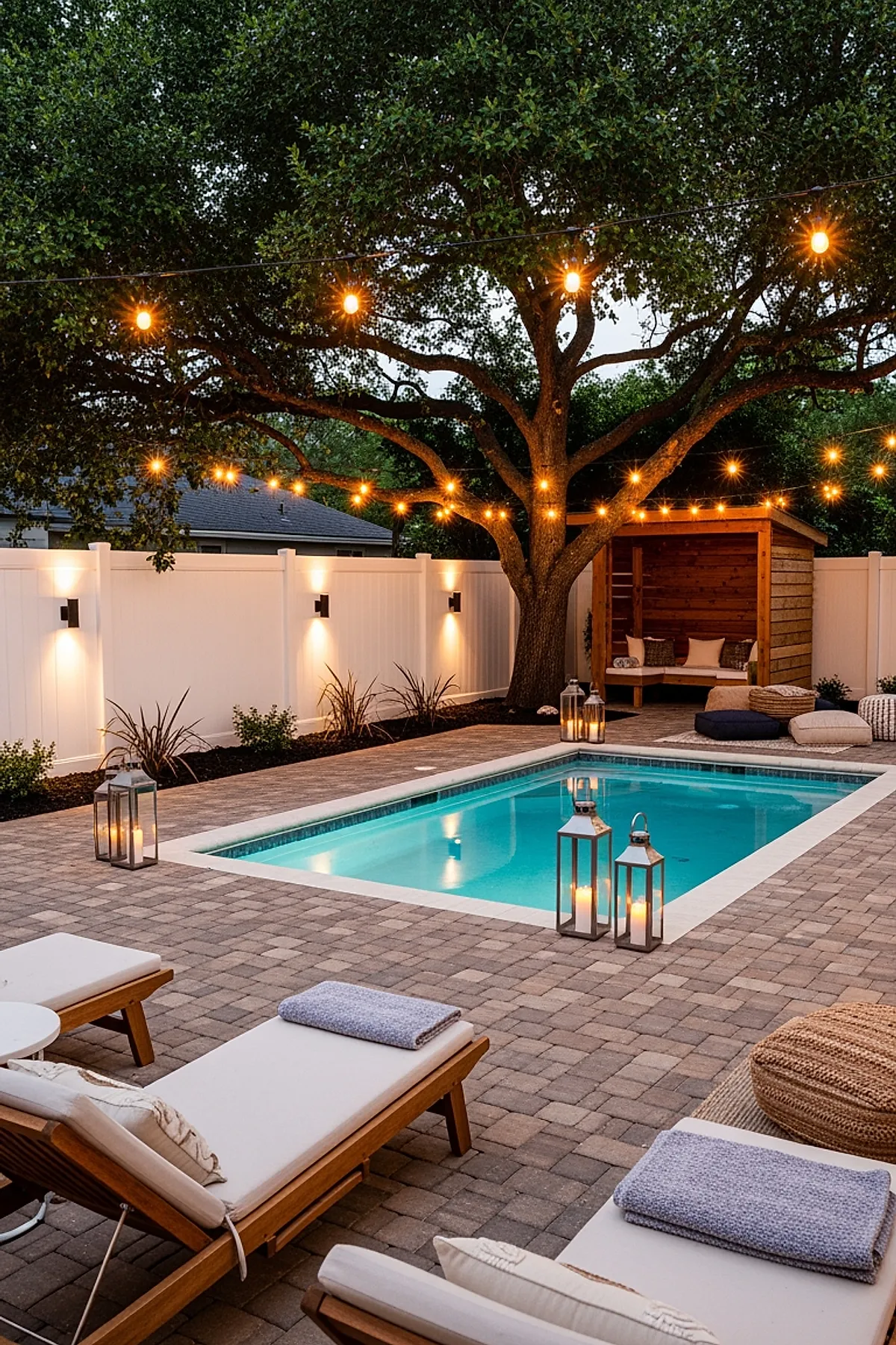 A small rectangular inground pool surrounded by light gray brick pavers with wooden lounge chairs topped with folded towels nearby, illuminated by warm string lights hanging from a large tree and wall sconces on a white privacy fence, featuring a cozy wooden cabana with cushions and poufs in the background at dusk.