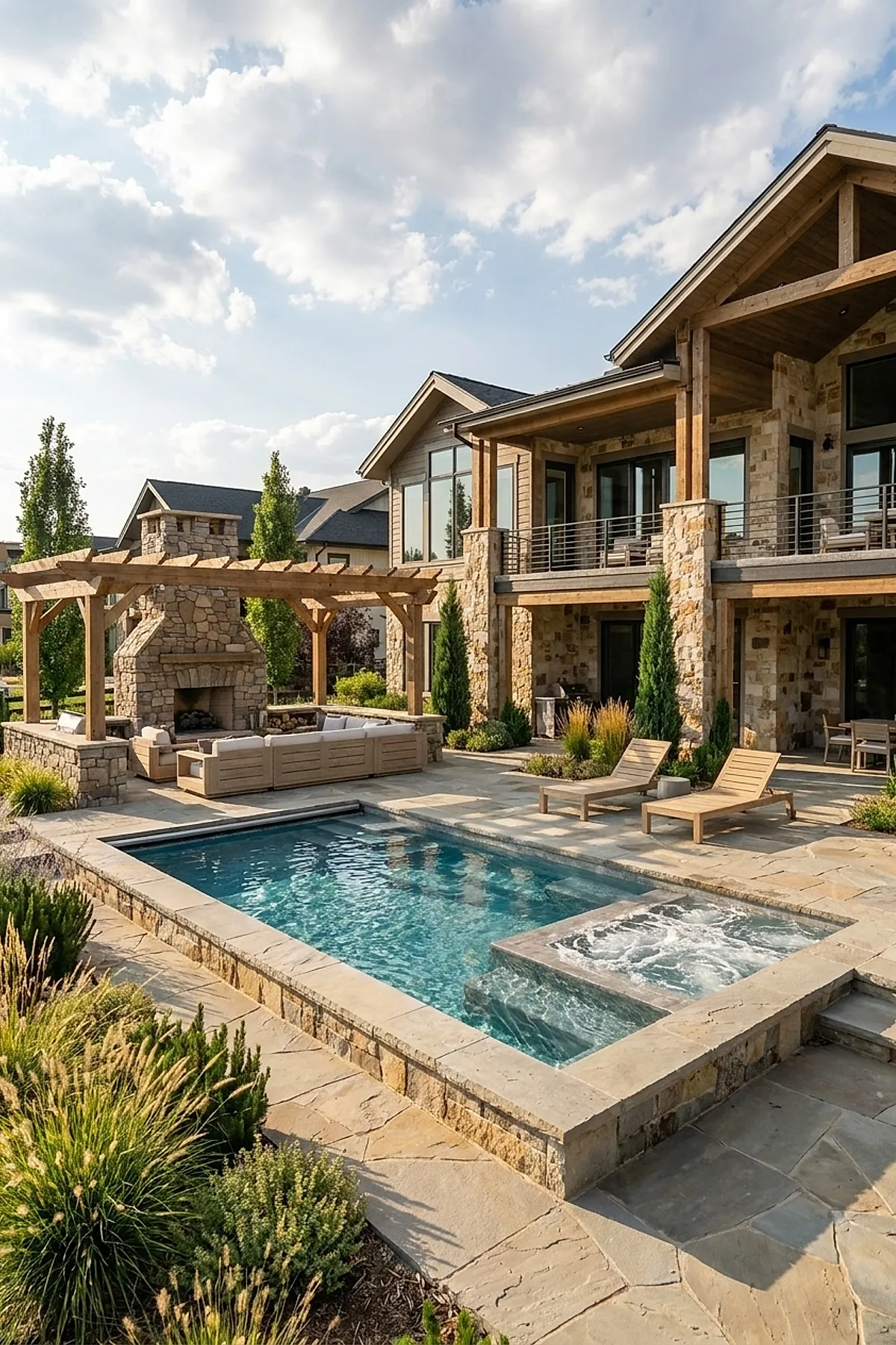 Rectangular plunge pool with attached spa surrounded by beige stone patio, two wooden lounge chairs, a large wooden pergola with built-in stone fireplace and cushioned seating, next to a two-story house with stone exterior.