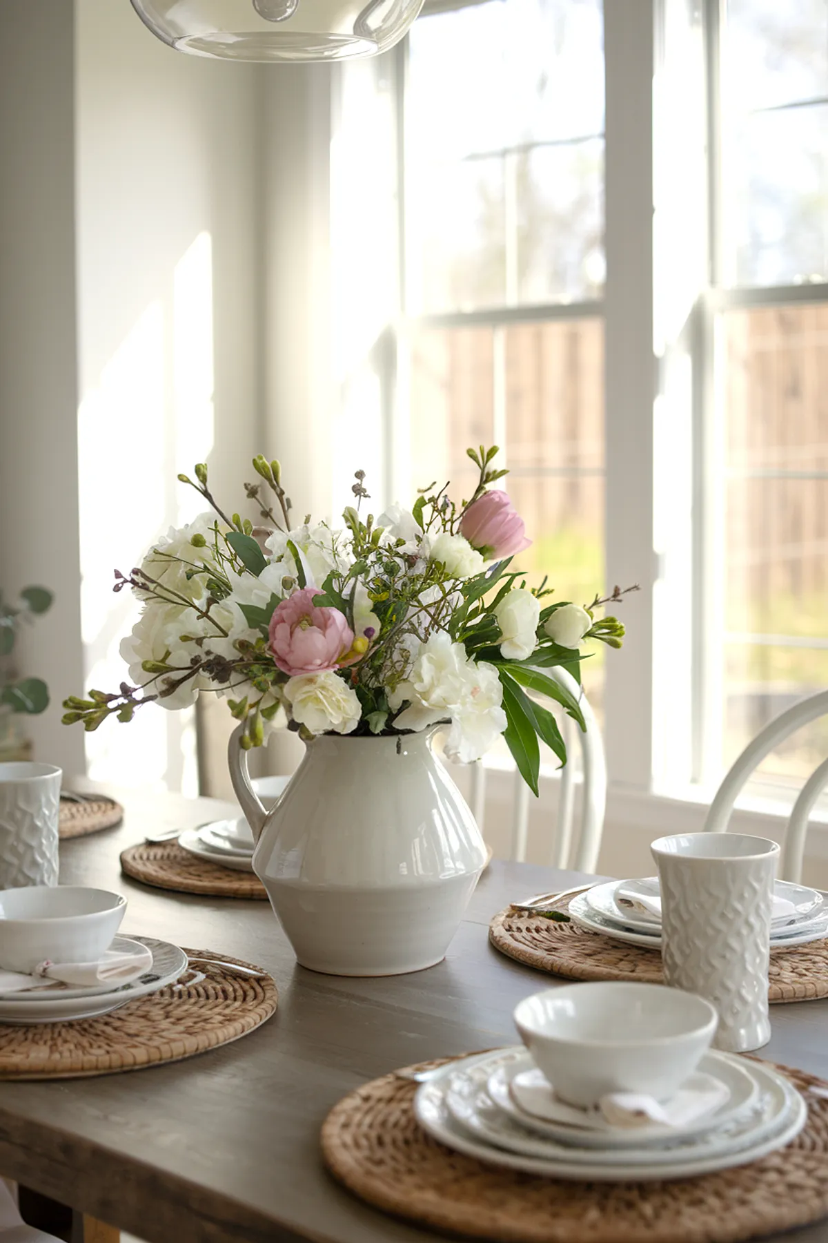 A dining table with a floral centerpiece, white dishware, and woven placemats.
