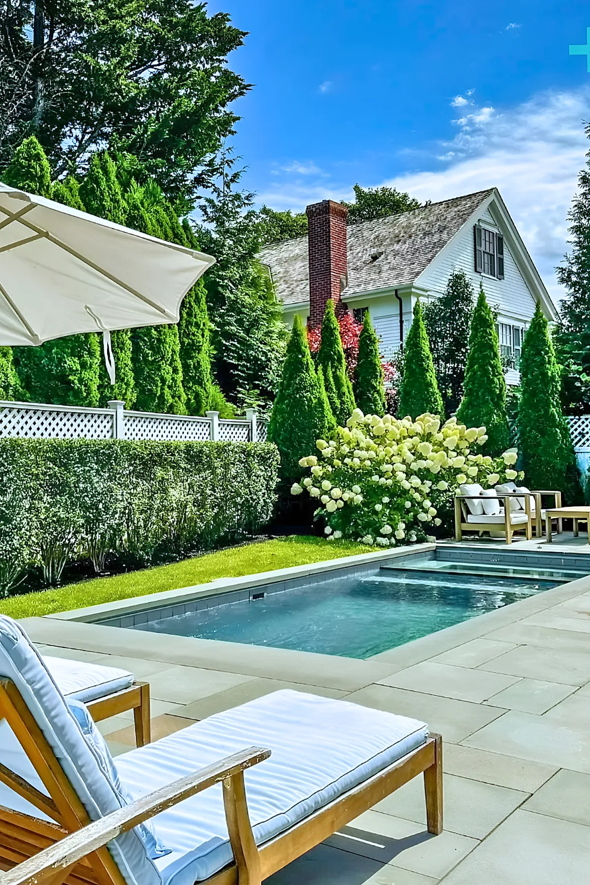 A small rectangular inground pool in a backyard surrounded by green hedges, tall conical trees, white hydrangea flowers, wooden lounge chairs with light blue cushions, and a white house with a brick chimney under a bright blue sky.