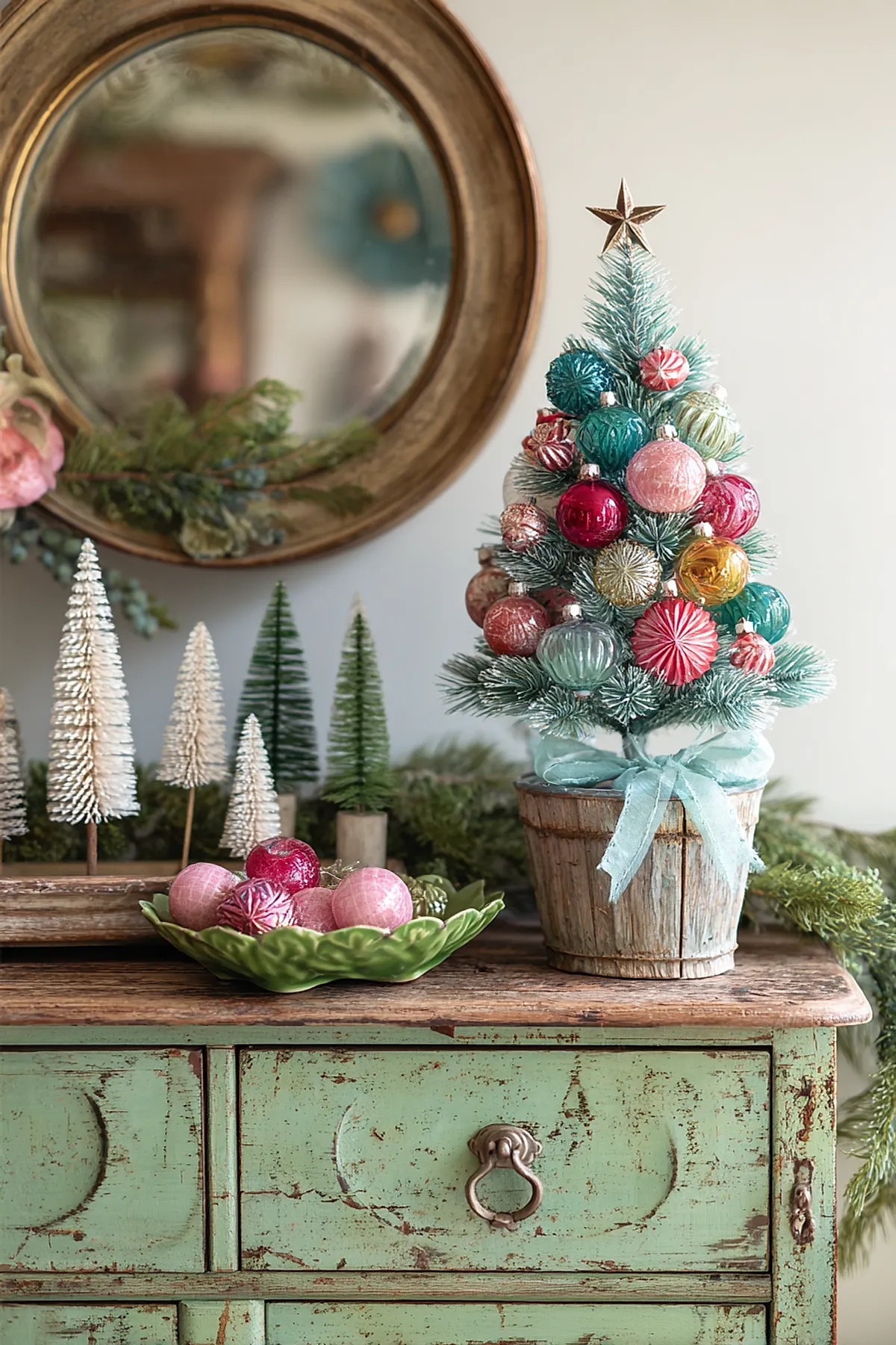 Mini tree in a rustic wooden pot tied with a blue ribbon and decorated with pastel ornaments for a soft and charming vintage holiday decor moment.