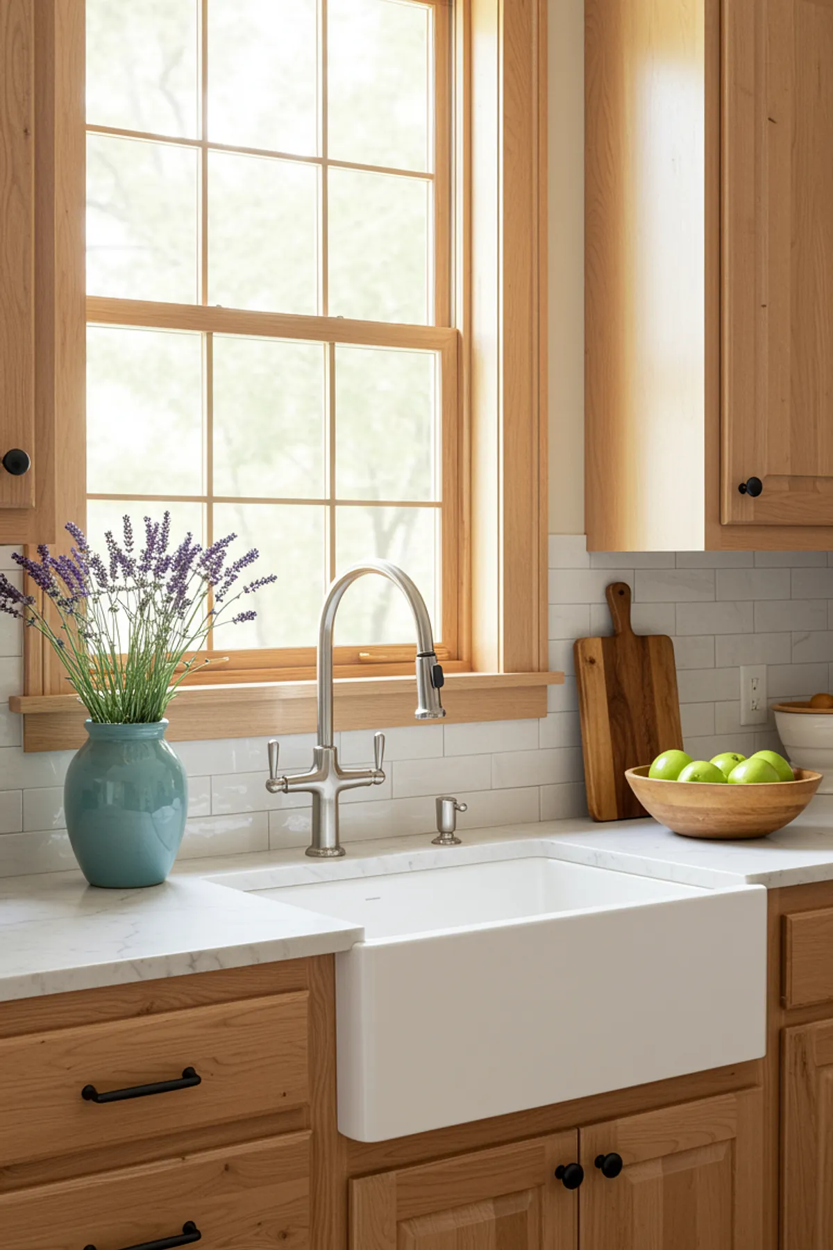 Modern farmhouse kitchen with a farmhouse sink, lavender flowers, and fresh apples.
