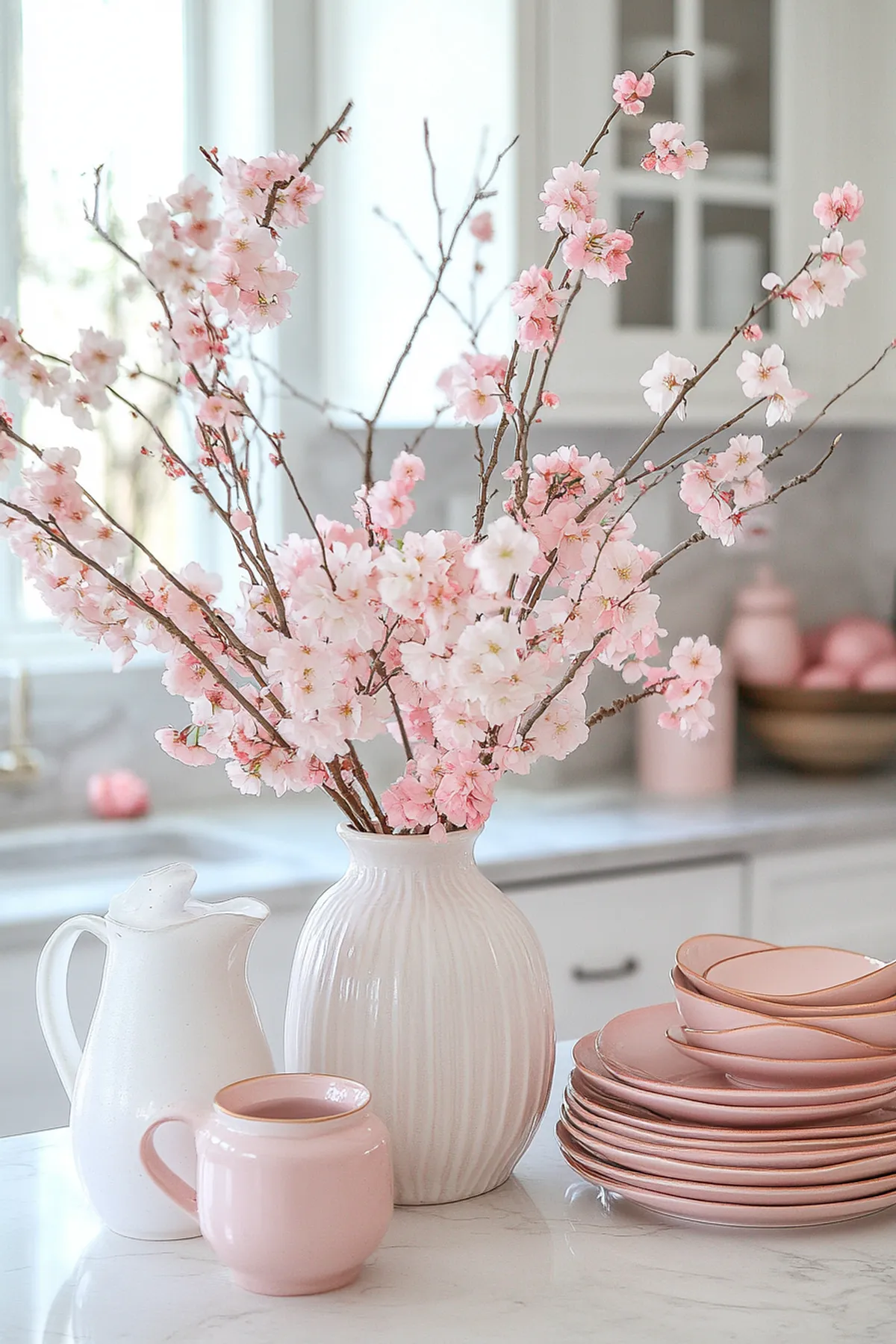 Serene kitchen with pink cherry blossoms on a white countertop, near pink plates and a white pitcher.