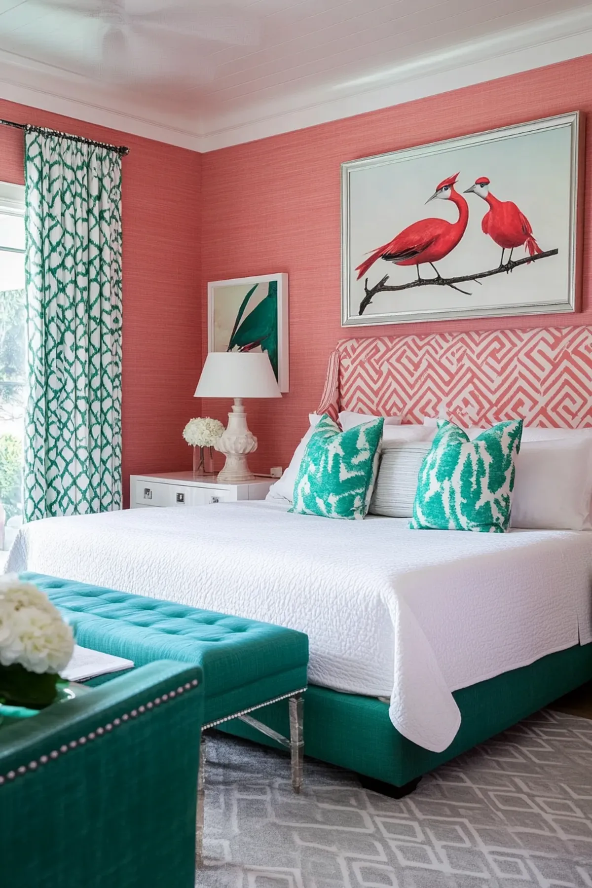 Vibrant bedroom with pink walls, turquoise bench, and white bedding with patterned pillows.