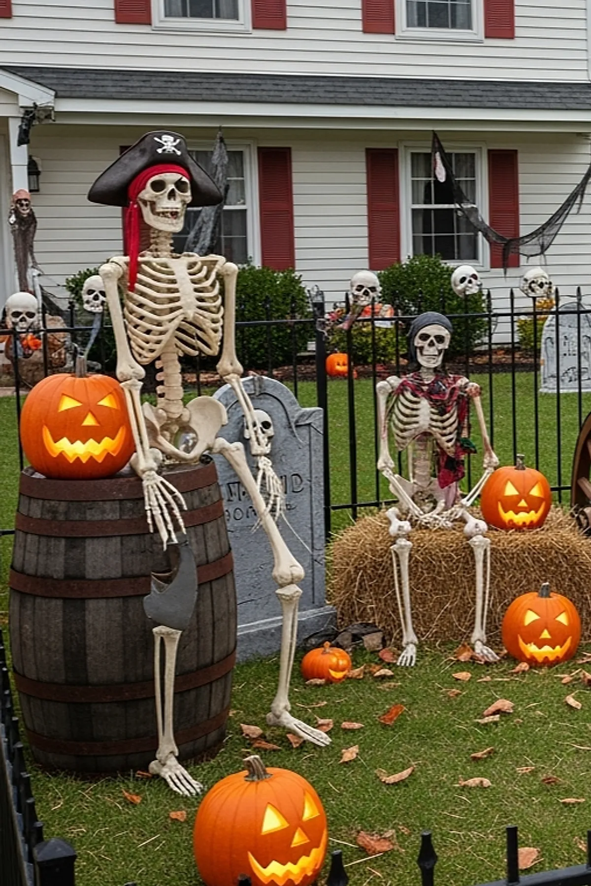 Skeletons dressed as pirates sitting on a wooden barrel and hay bale surrounded by glowing jack-o-lantern pumpkins, gravestones, skull decorations, black metal fence, in front of white house with red shutters.