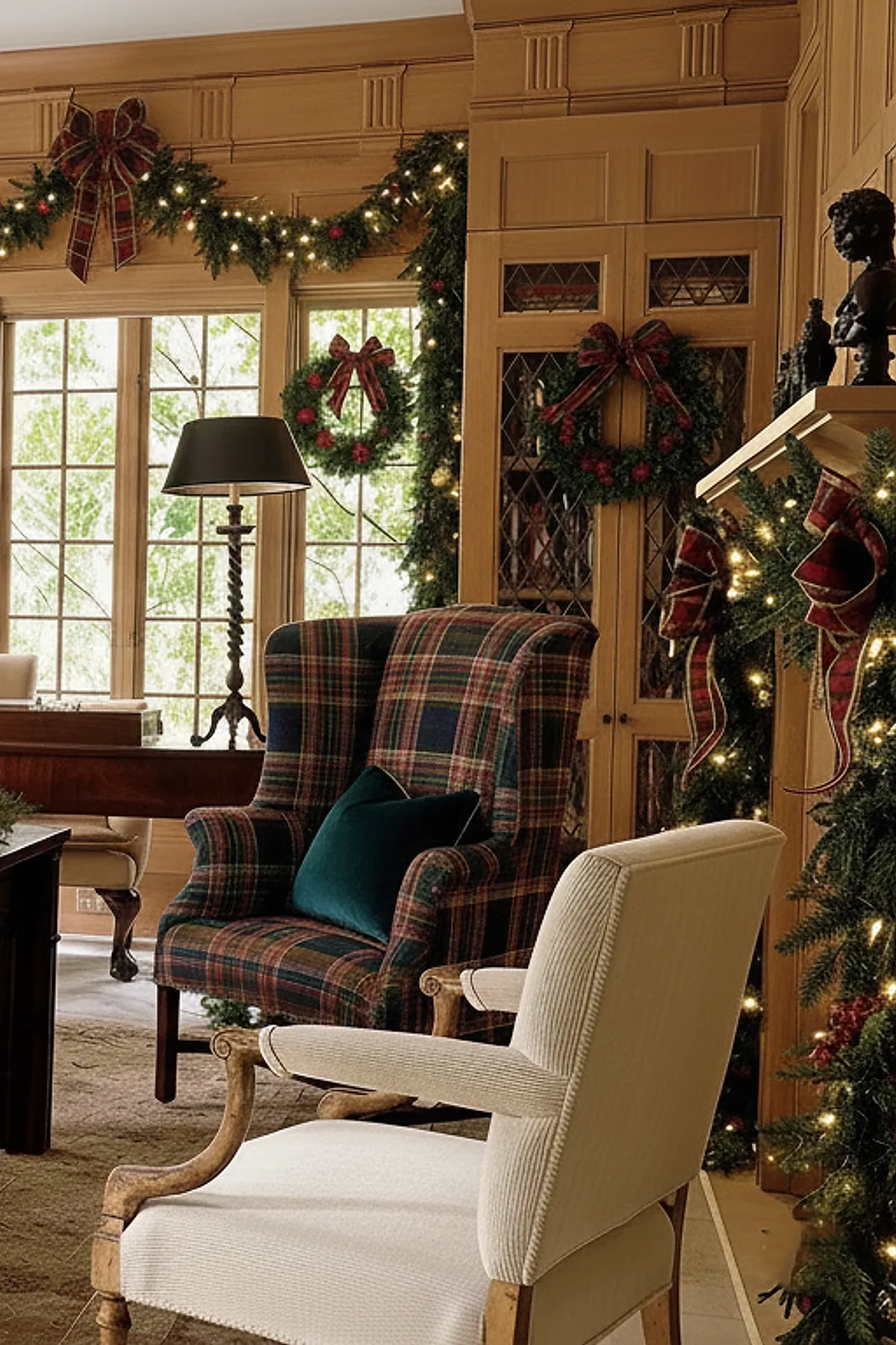A cozy seating area with a plaid wingback chair and dark green velvet pillow, beige armchair with wooden arms, and Christmas decor including garlands with red berries and plaid bows on wood-paneled walls and cabinets.