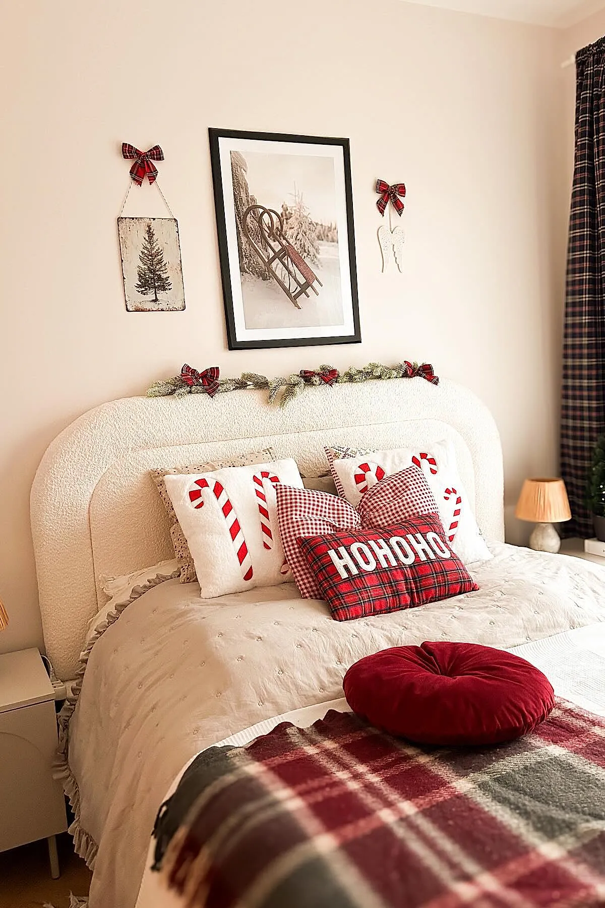 Christmas bedroom featuring a cream textured upholstered headboard decorated with greenery and red plaid bows, white bedding with candy cane print pillows, red and white gingham pillow, red plaid rectangular pillow with