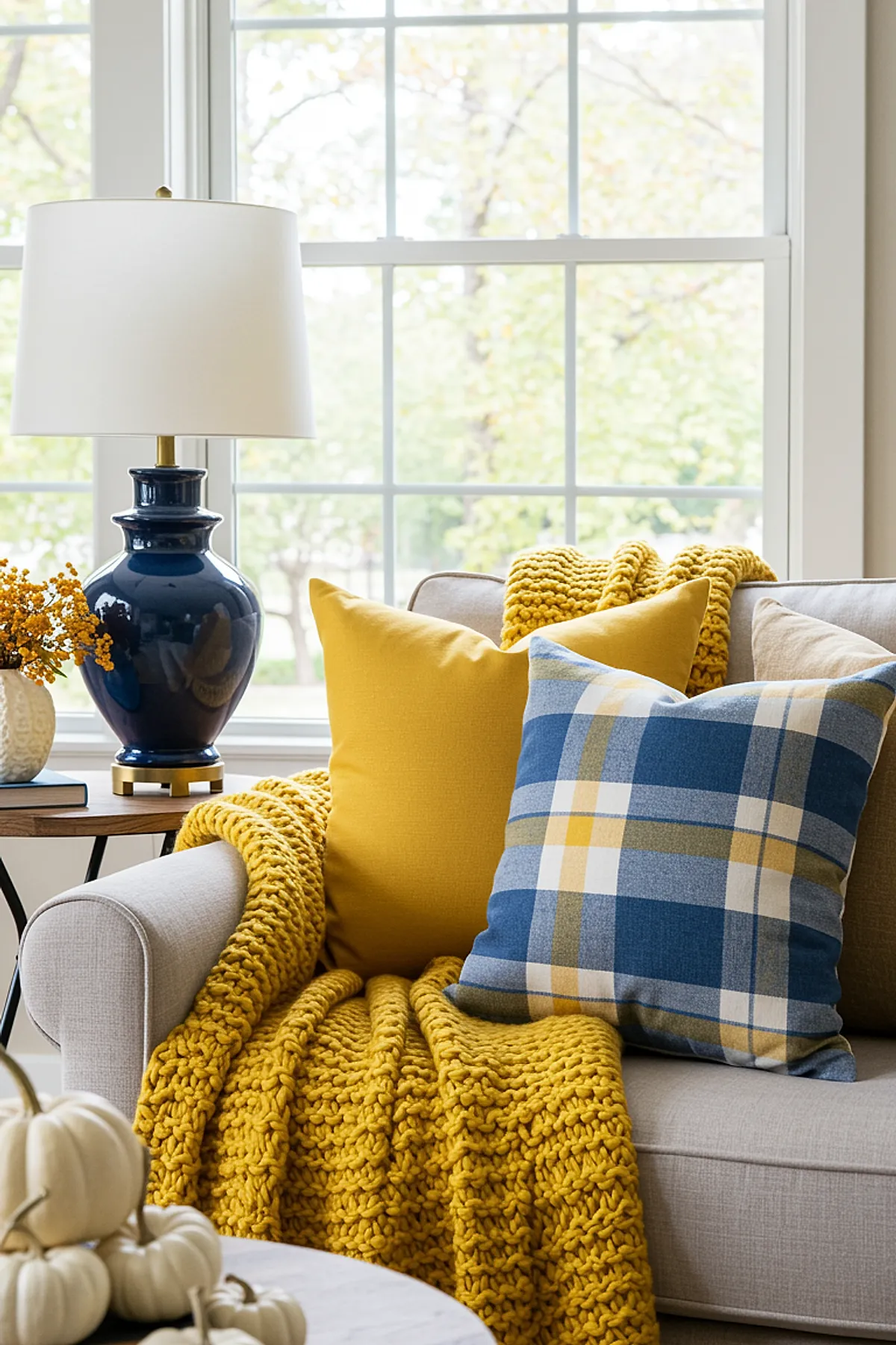 Neutral beige sofa next to window, draped with thick mustard yellow knit throw blanket and adorned with mustard yellow solid pillow, blue and yellow plaid pillow, and light tan pillow.