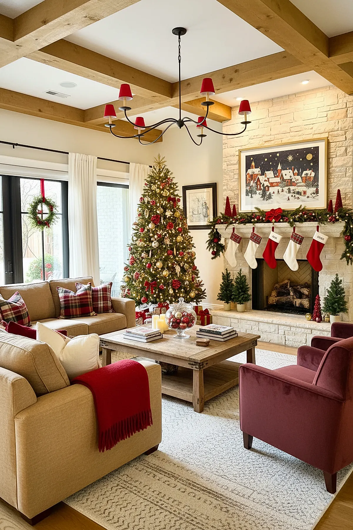 christmas living room with beige sofas adorned with red plaid pillows and a red throw blanket, decorated Christmas tree with red and gold ornaments, stone fireplace mantel decorated with greenery garland, red cone trees, and alternating red and white stockings hanging from the mantel