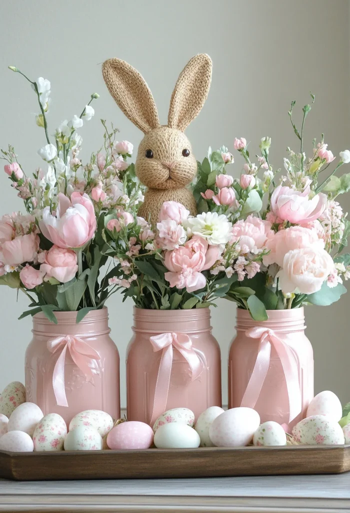 Easter arrangement with a knitted bunny, pink flower-filled mason jars, and decorative pastel eggs.
