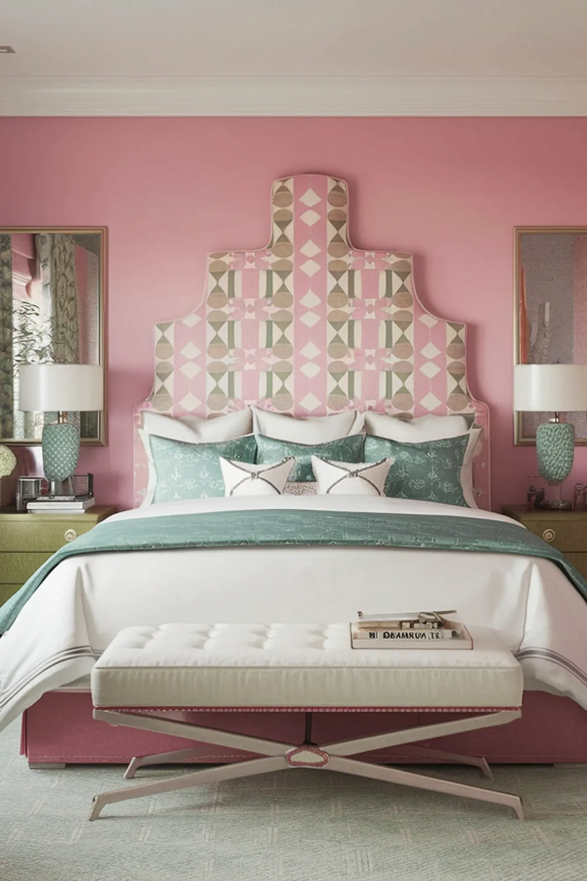 Vibrant bedroom with pink walls, geometric headboard, and green furnishings.