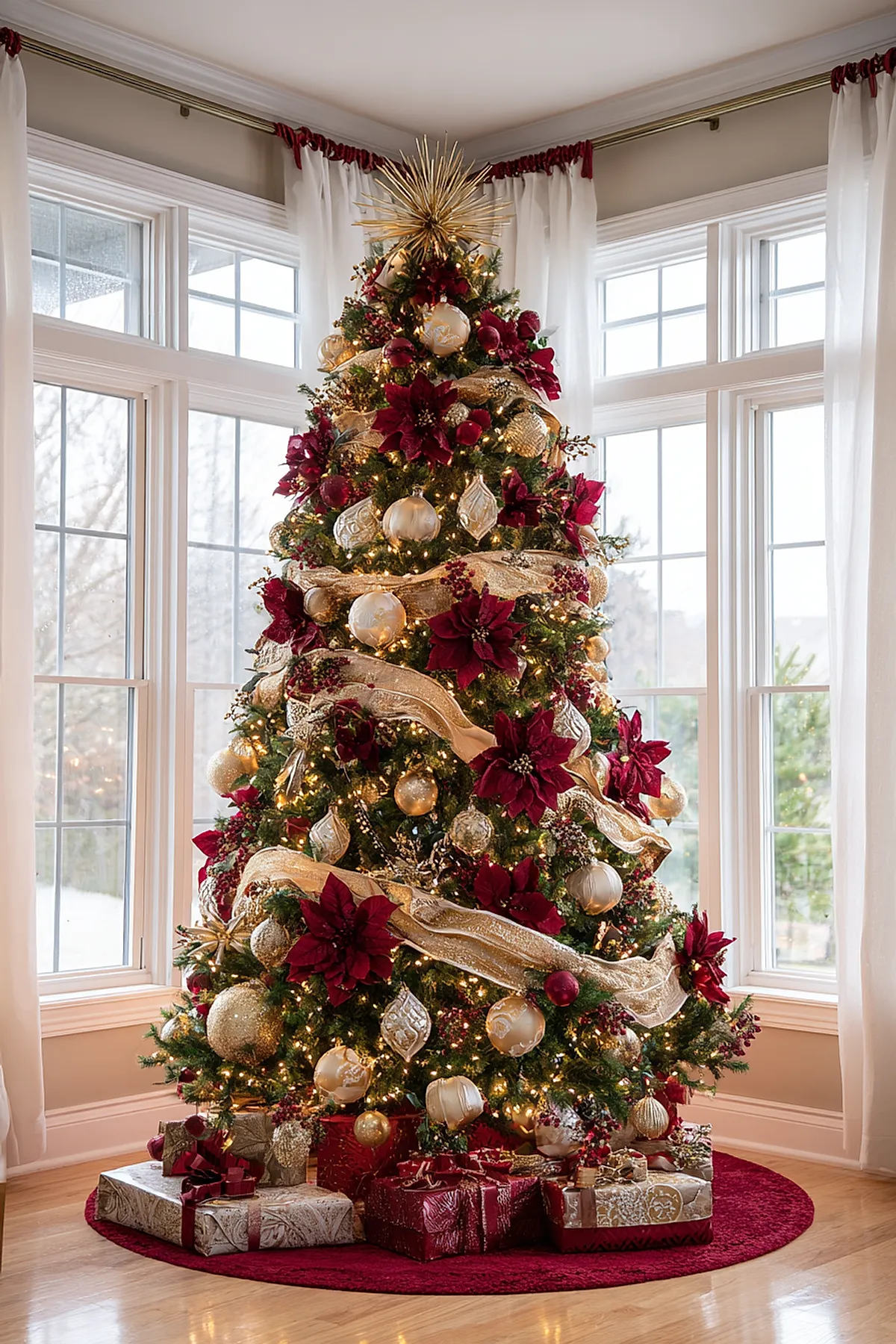 Christmas tree decorated with large red poinsettias, wide shimmering gold ribbons spiraled through branches, gold and white baubles, topped with spiky gold starburst ornament standing near tall windows with white curtains