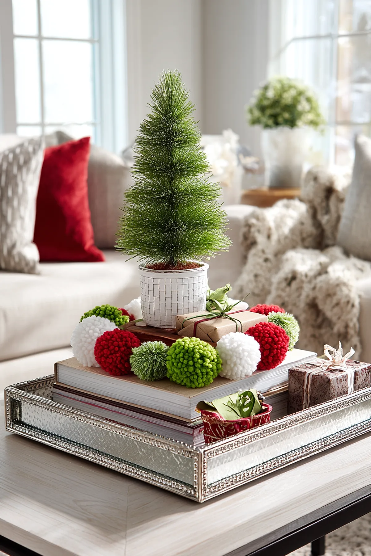 christmas coffee table decor featuring a small green artificial Christmas tree in a white textured pot, surrounded by large red, white, and green pom-poms, with wrapped gifts and books arranged on a mirrored silver tray on a light wood coffee table in a bright living room.
