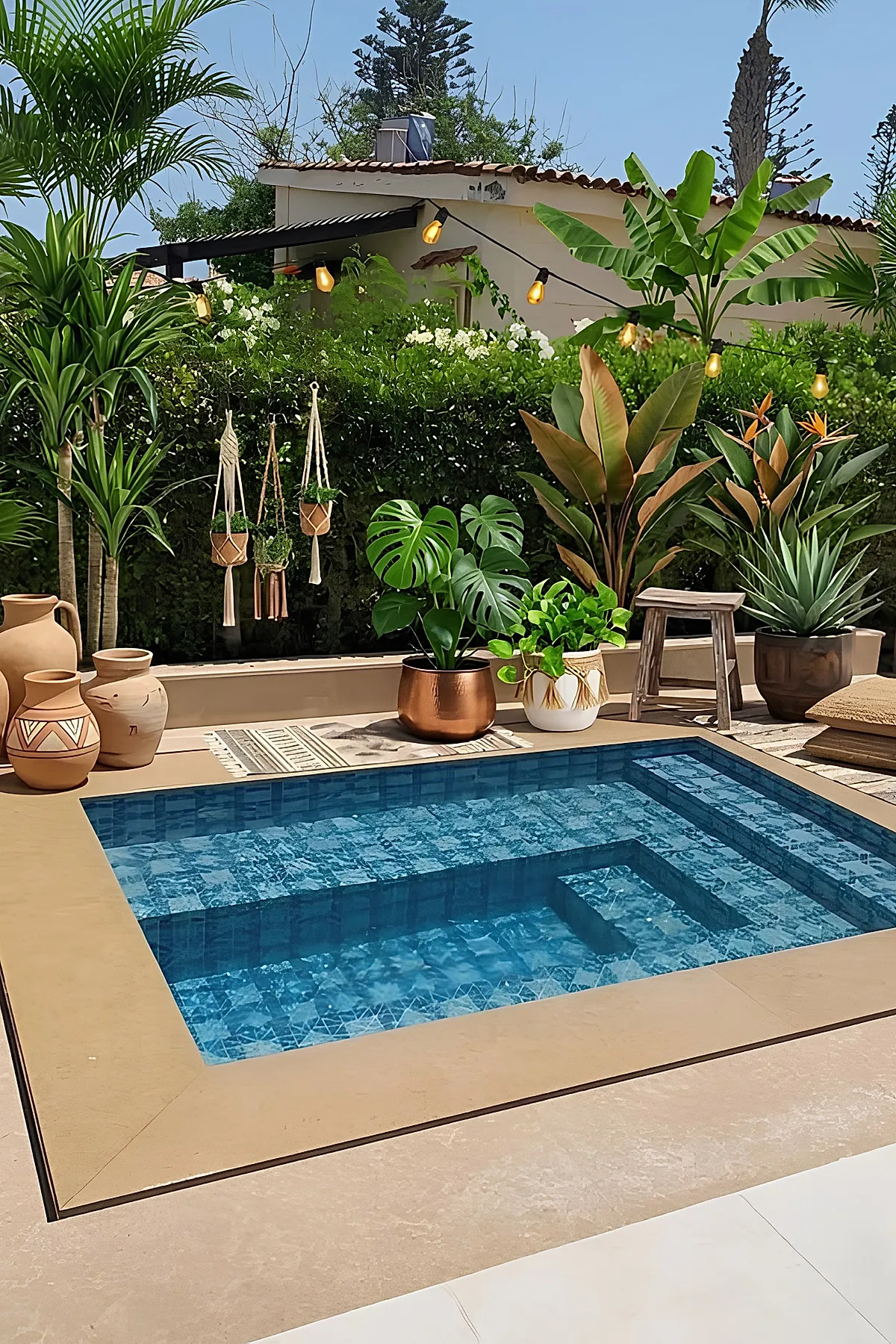 Blue-tiled square plunge pool with built-in bench, surrounded by various terracotta and copper planters filled with lush green tropical plants and hanging macrame plant holders, set against dense garden foliage and beige tiled patio.
