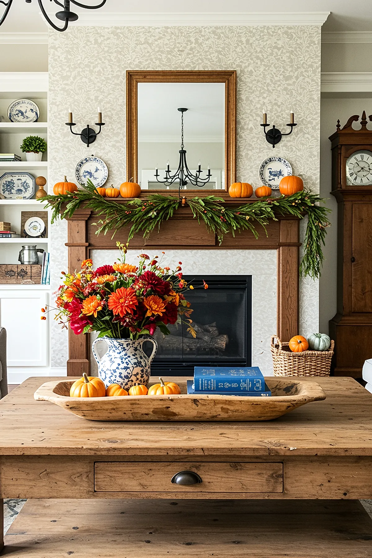 living room with wooden mantel decorated with small orange pumpkins lined up along greenery garland, a wooden coffee table featuring a rustic tray holding more mini pumpkins, two blue hardcover books, and a blue-and-white floral ceramic pitcher filled with bright orange and red fall flowers; neutral wallpaper and classic clock in background