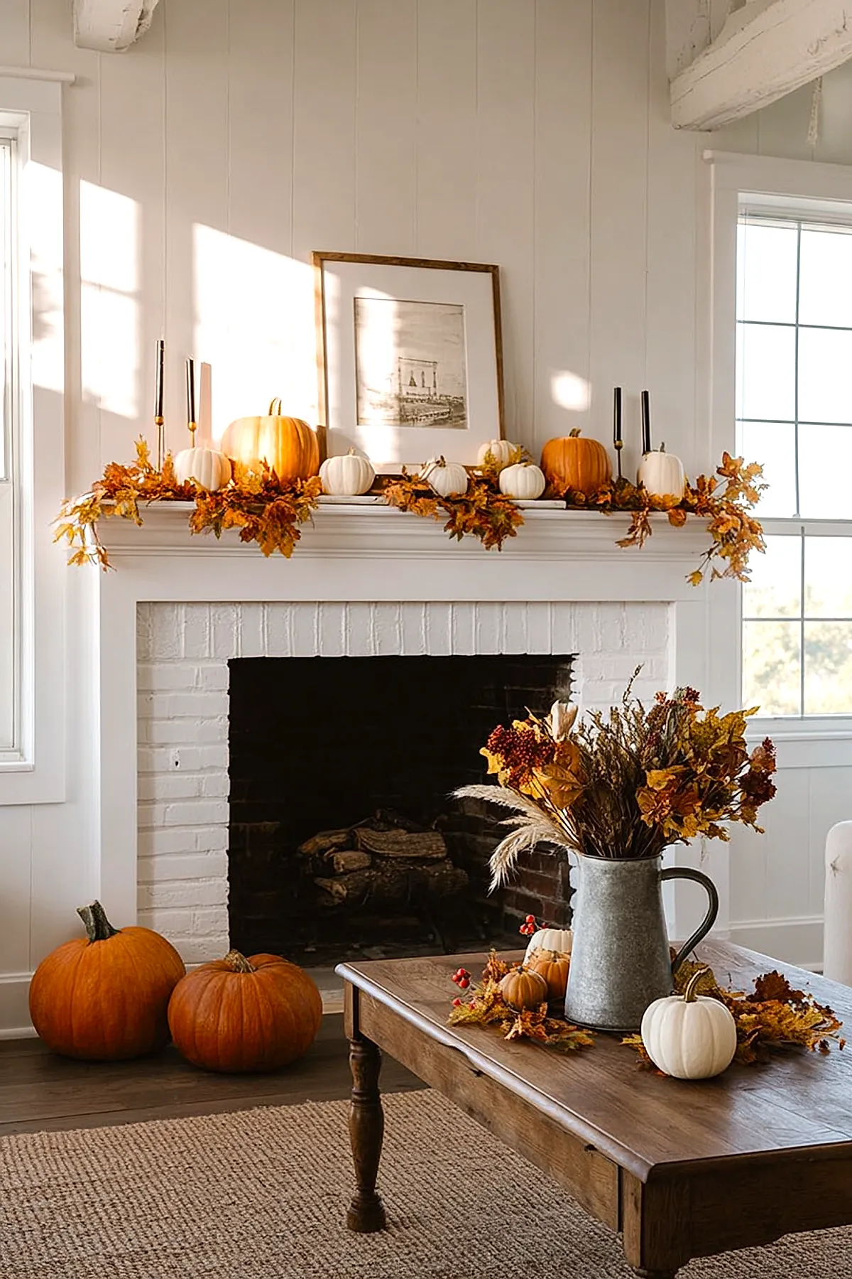 white fireplace mantel decorated with alternating white and orange pumpkins surrounded by brown and gold artificial autumn leaf garland, flanked by black taper candles; wooden framed black-and-white artwork leaning against white paneled wall; two large orange pumpkins on floor near fireplace