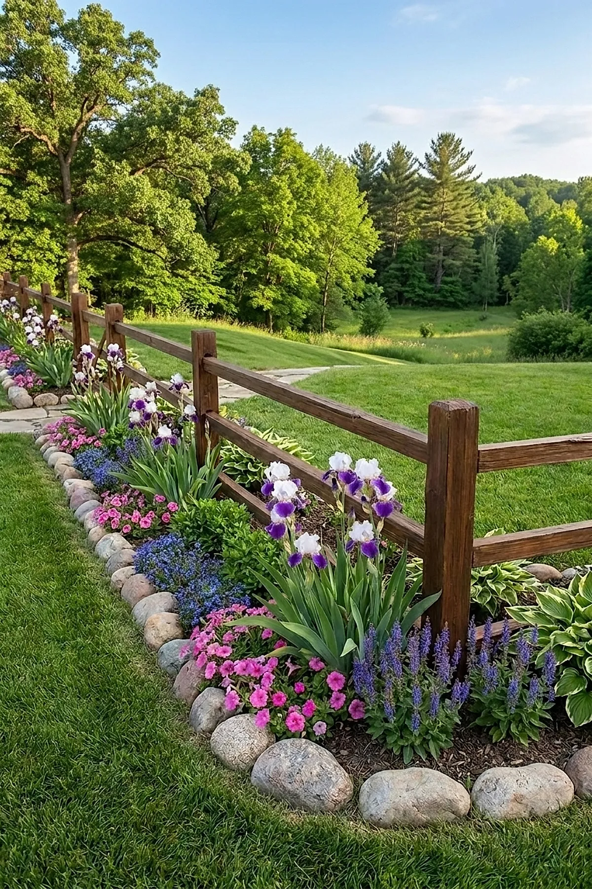 Landscape along fence line featuring wooden fence with colorful flowers including purple irises and pink blooms bordered by large natural stones