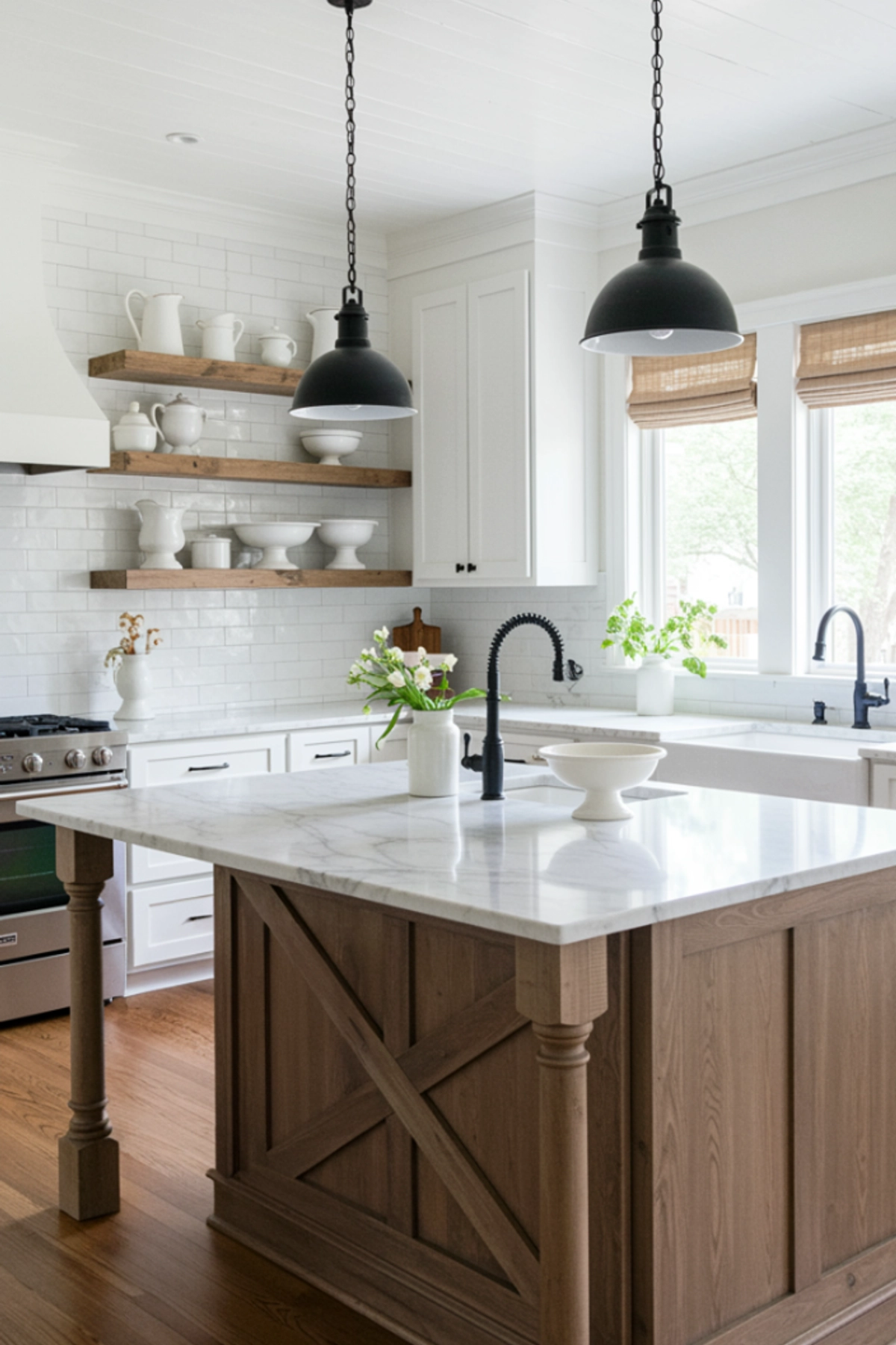 Modern farmhouse kitchen with white cabinets, wooden shelves, and a marble island.