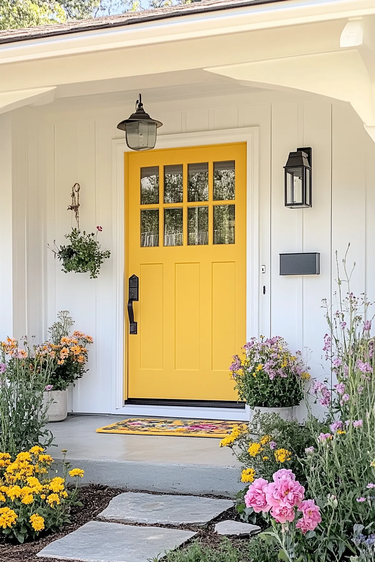 Bright yellow front door with a hanging plant, surrounded by colorful flower planters on a porch.