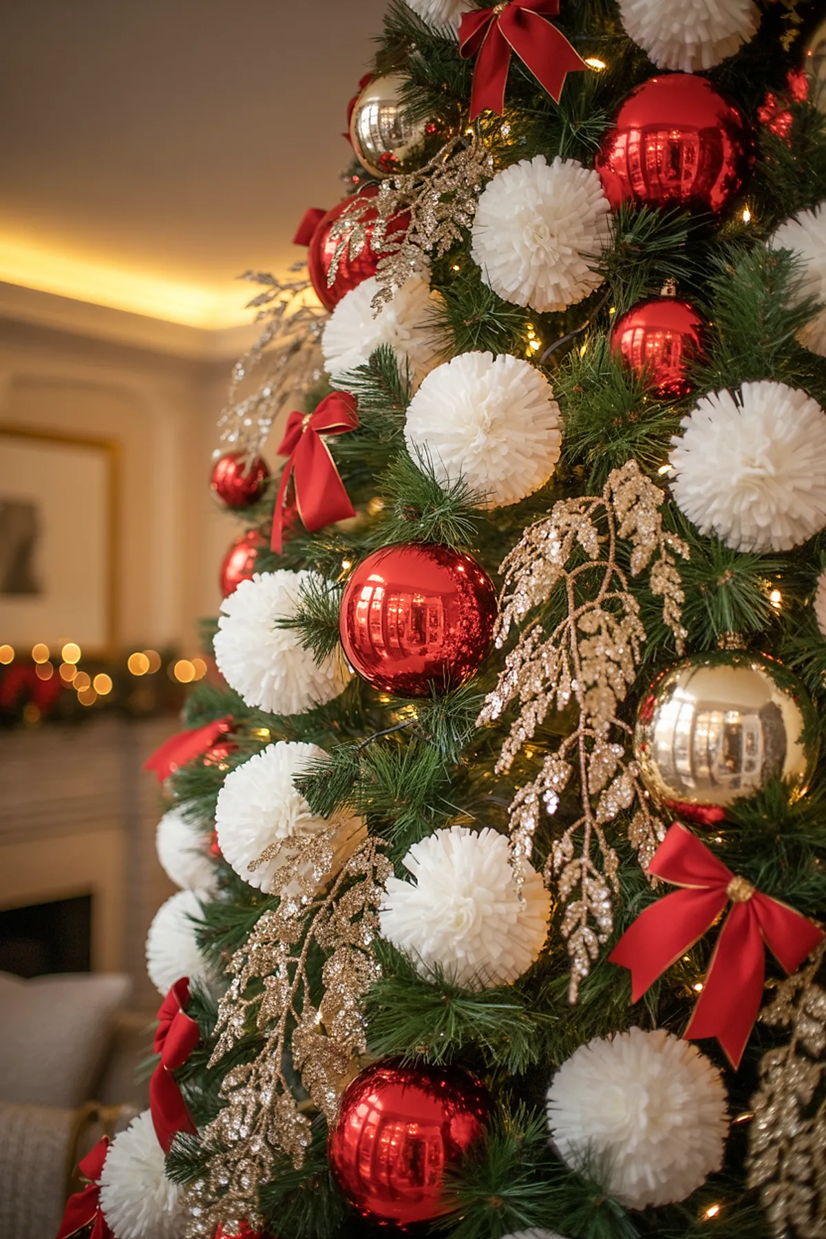Christmas tree decorated with large white pom-pom ornaments, shiny red and gold baubles, glittery gold leaf accents, and red velvet bows on green pine branches