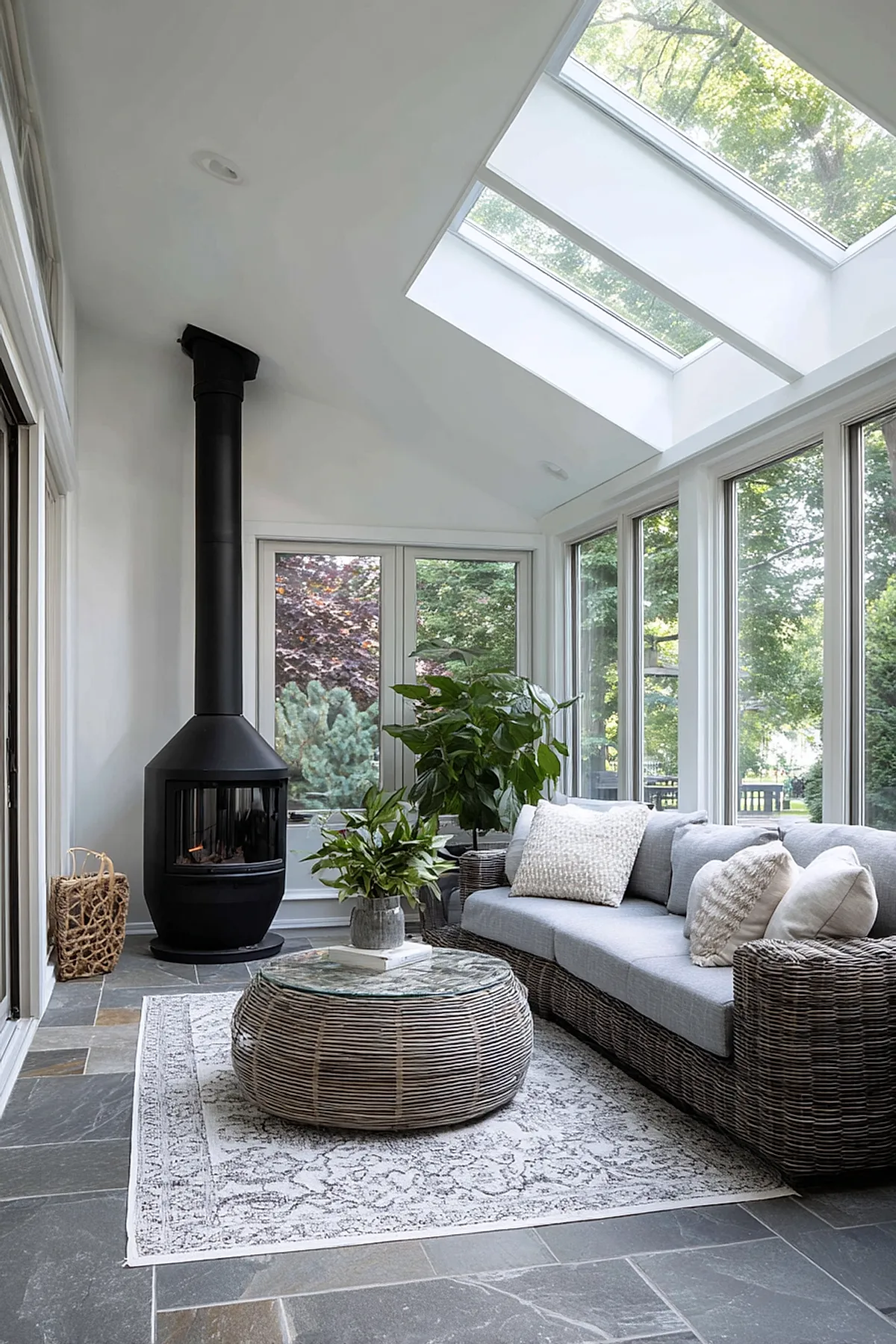 Modern sunroom with large skylights and tall windows showing green trees outside, featuring a black wood-burning stove, grey wicker sofa with light cushions, round wicker coffee table with glass top on a patterned rug, and potted plants adding greenery indoors.
