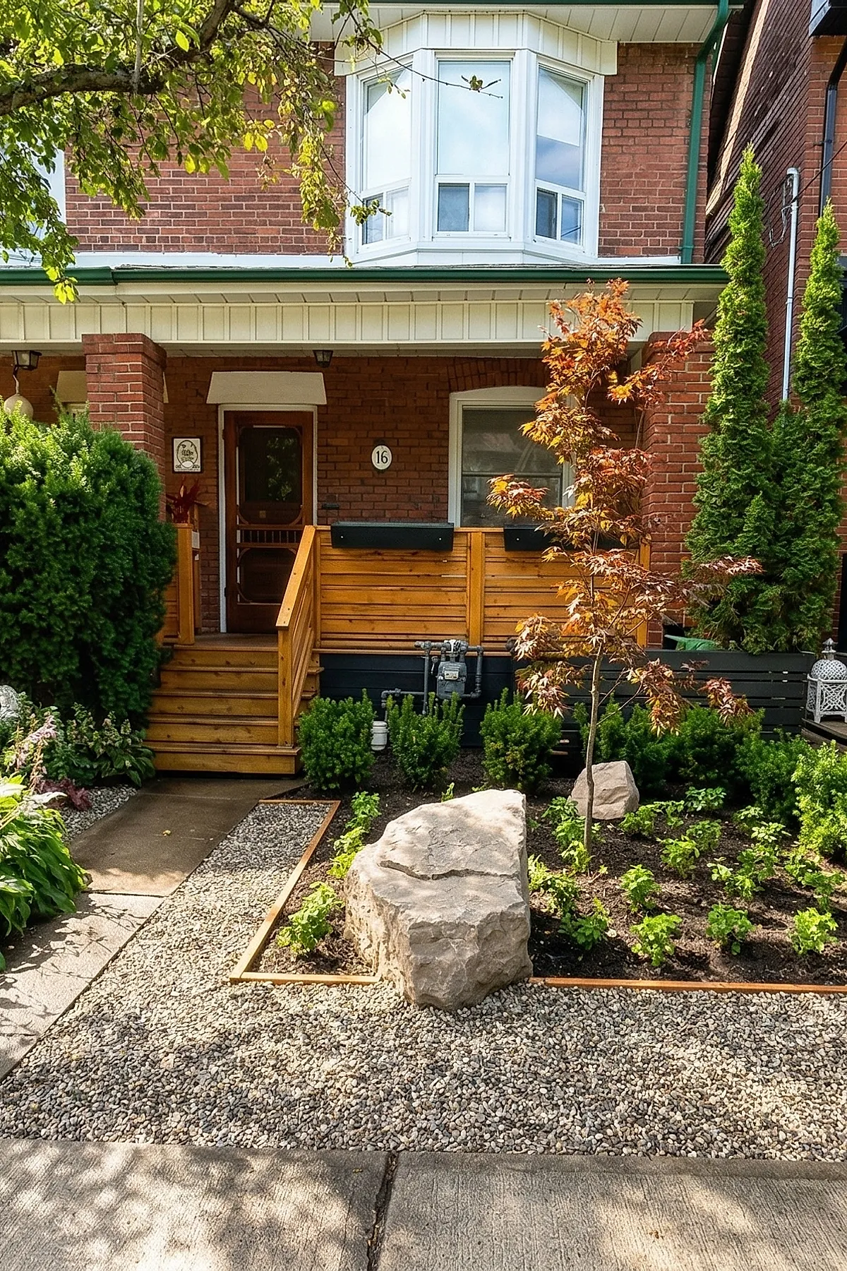 Small front yard landscaping featuring a rock garden with large beige boulders, a young Japanese maple tree with orange-red leaves, neatly trimmed green shrubs, gravel paths bordered by wood, leading to a wooden porch in front of a red brick house.