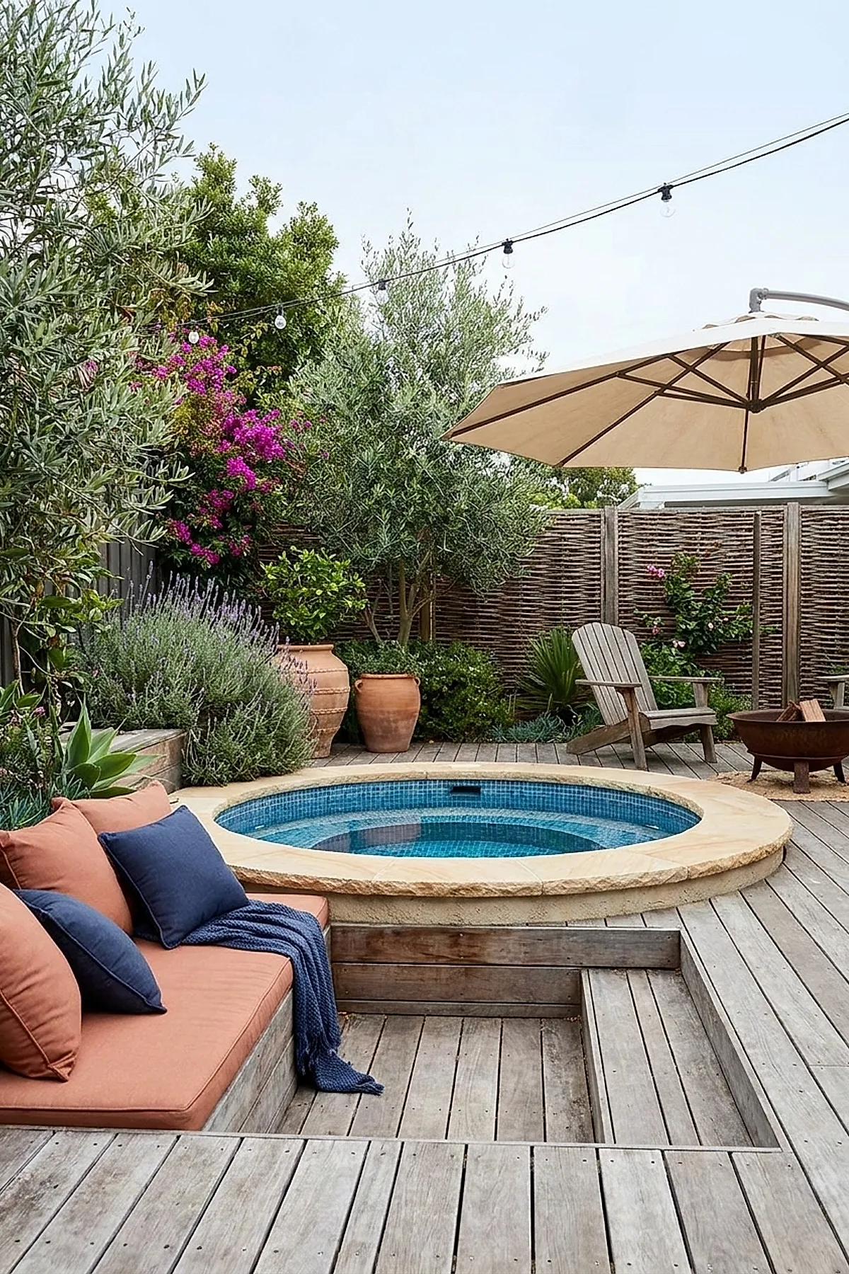 Round plunge pool with blue tile lining set into a wooden deck surrounded by cushioned seating with terracotta cushions and navy pillows, potted plants, string lights overhead, and a large beige patio umbrella.