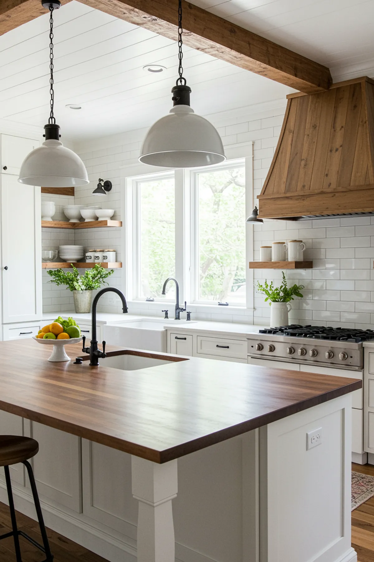 Modern farmhouse kitchen with wooden shelves, white cabinetry, and a wood countertop island.